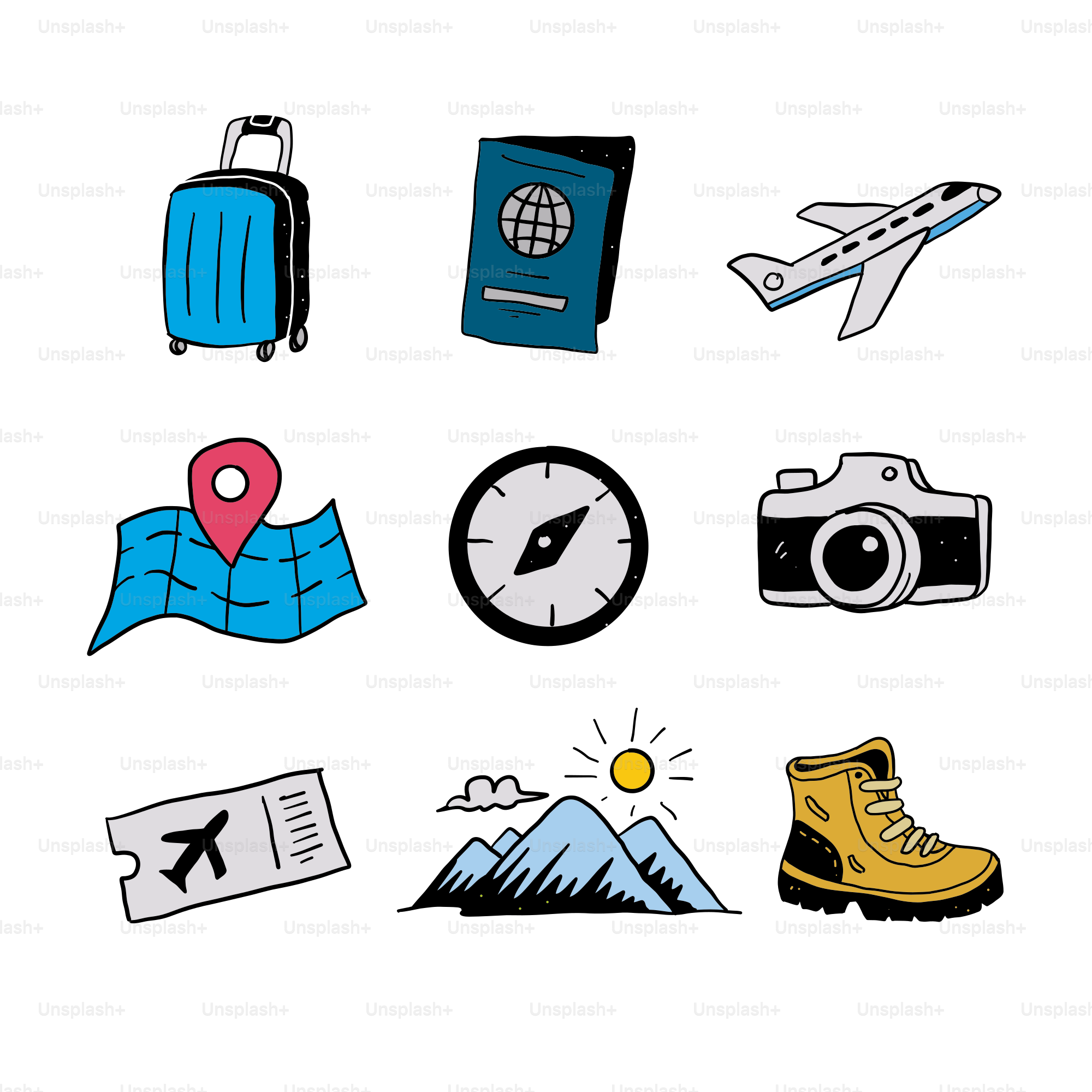 Icone di viaggio tra cui valigia, passaporto, aereo, mappa, bussola, fotocamera.