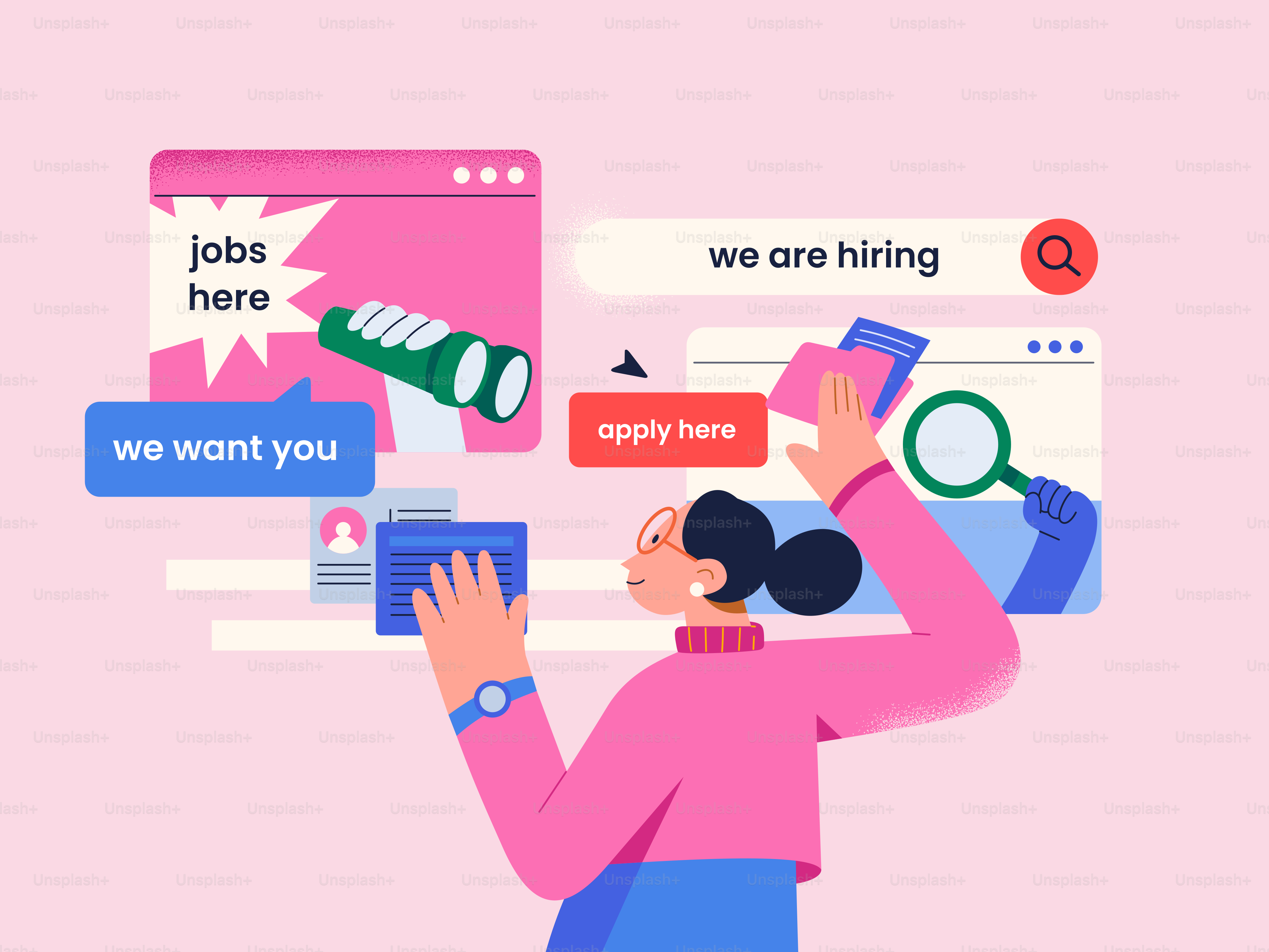 Mulher procurando empregos online com mensagens de contratação.