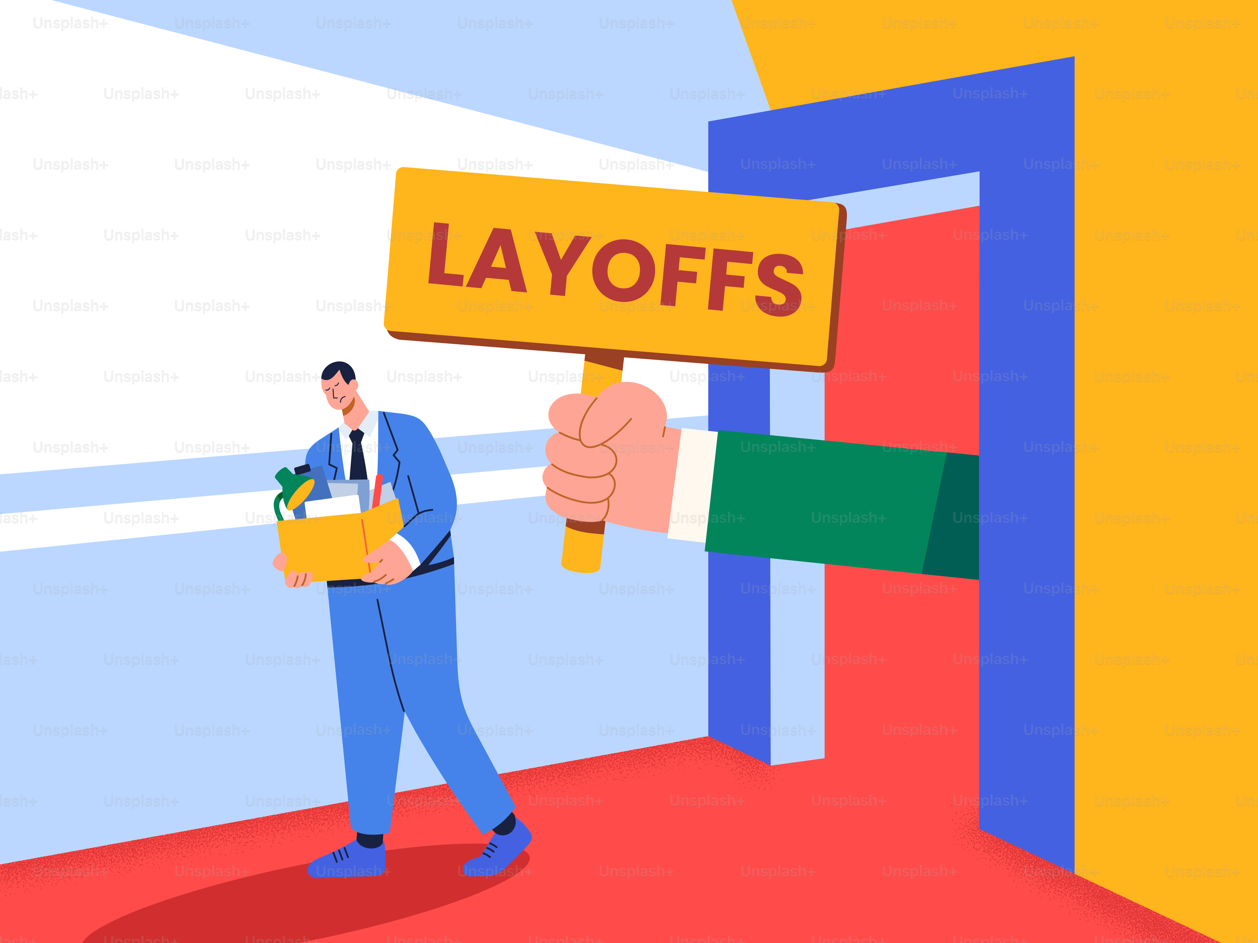 Firmas de manos con mensaje de despidos, hombre dejando el cargo.