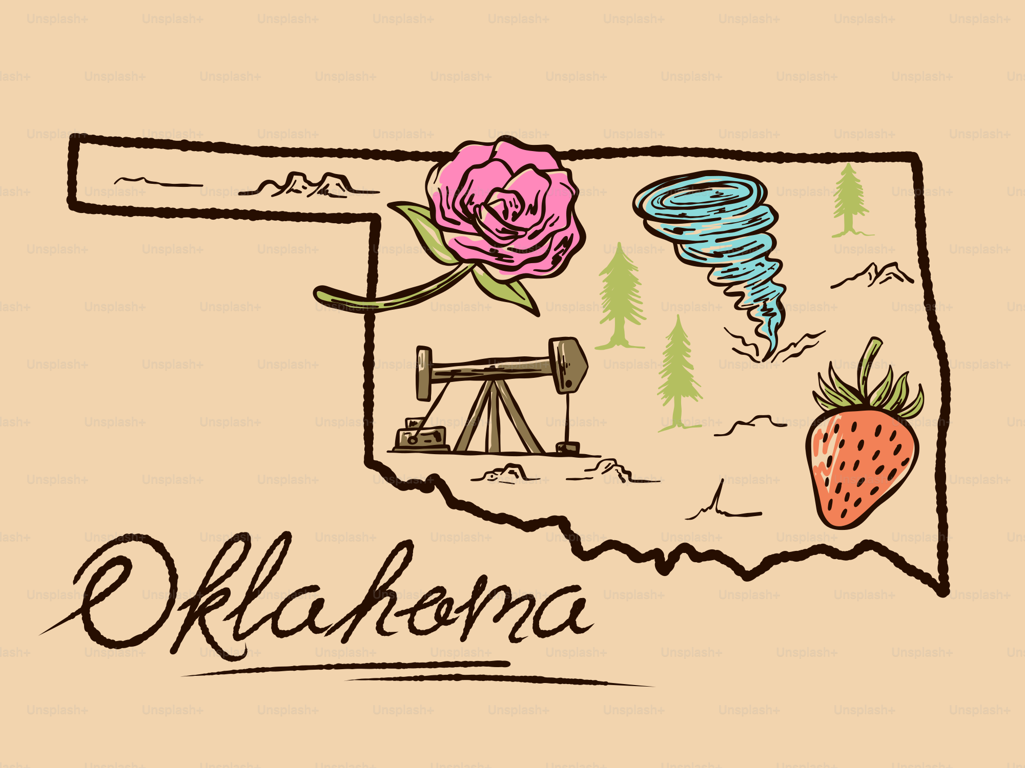 Oklahoma outline with state symbols and name.