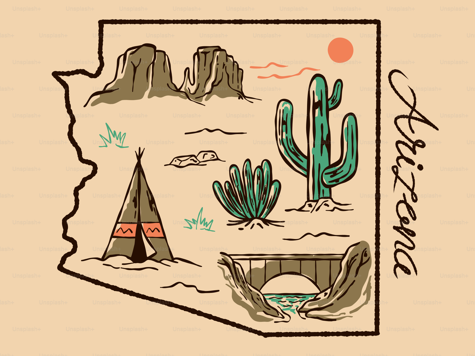 Contorno dell'Arizona con paesaggio desertico e teepee.