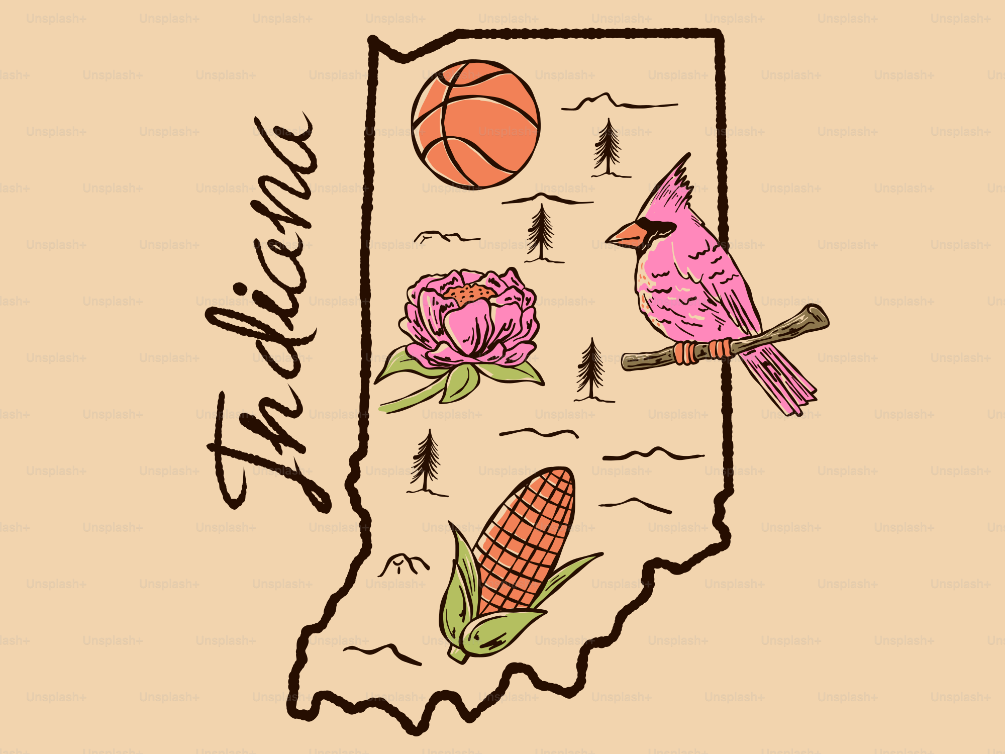 Indiana outline with basketball, cardinal, flower, and corn.