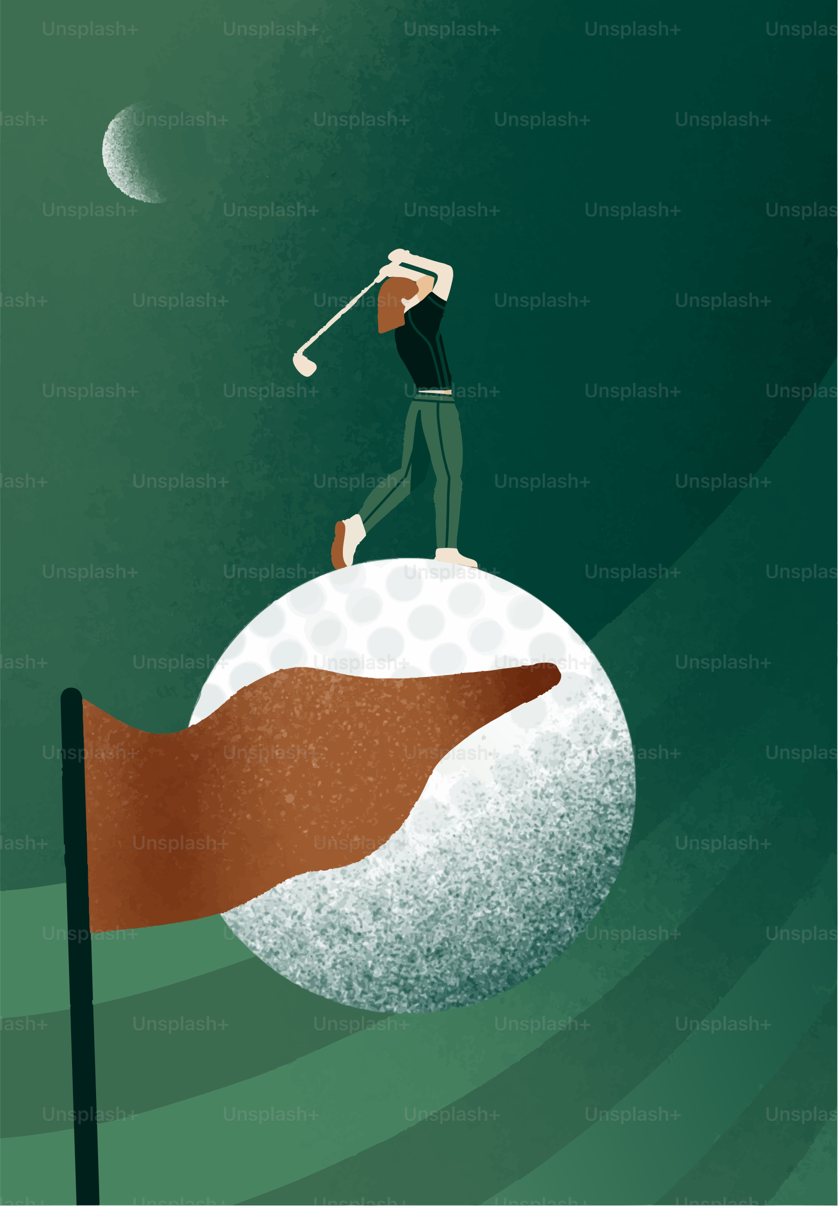 ゴルファーがコース上の巨大なゴルフボールの上にクラブを振る。