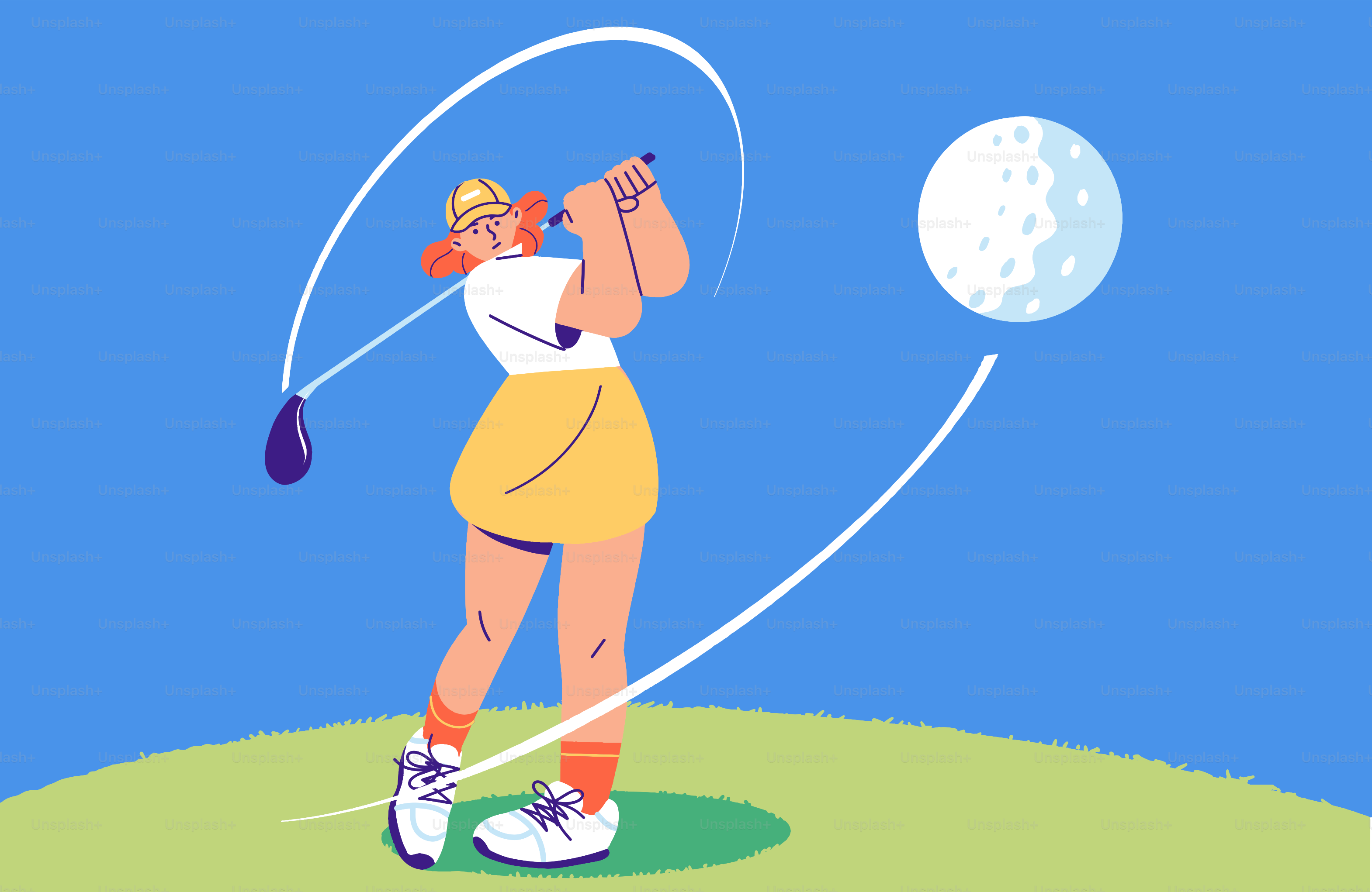 Woman swinging golf club at a golf ball