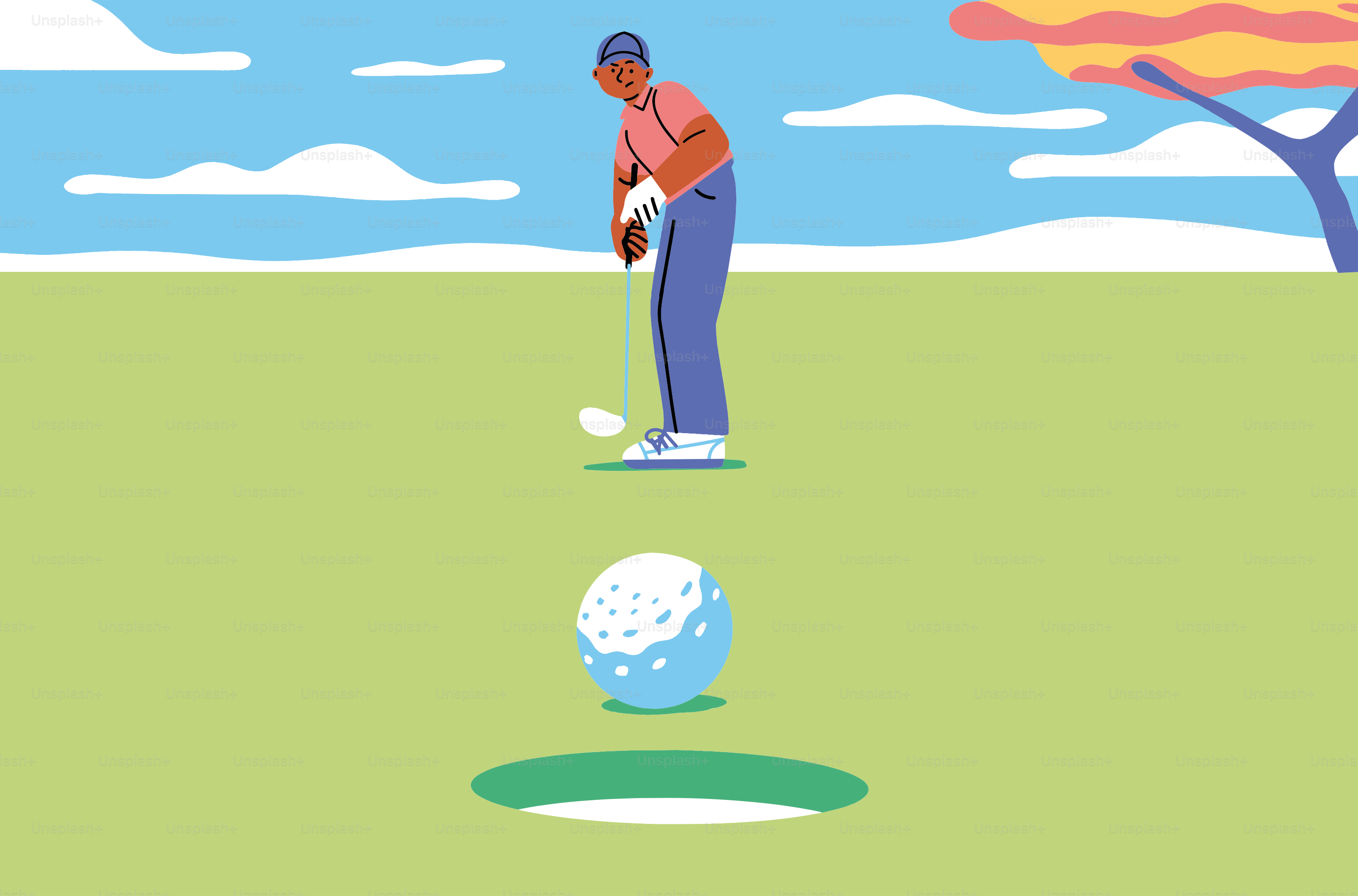 Golfer putting a ball into a hole on a green.