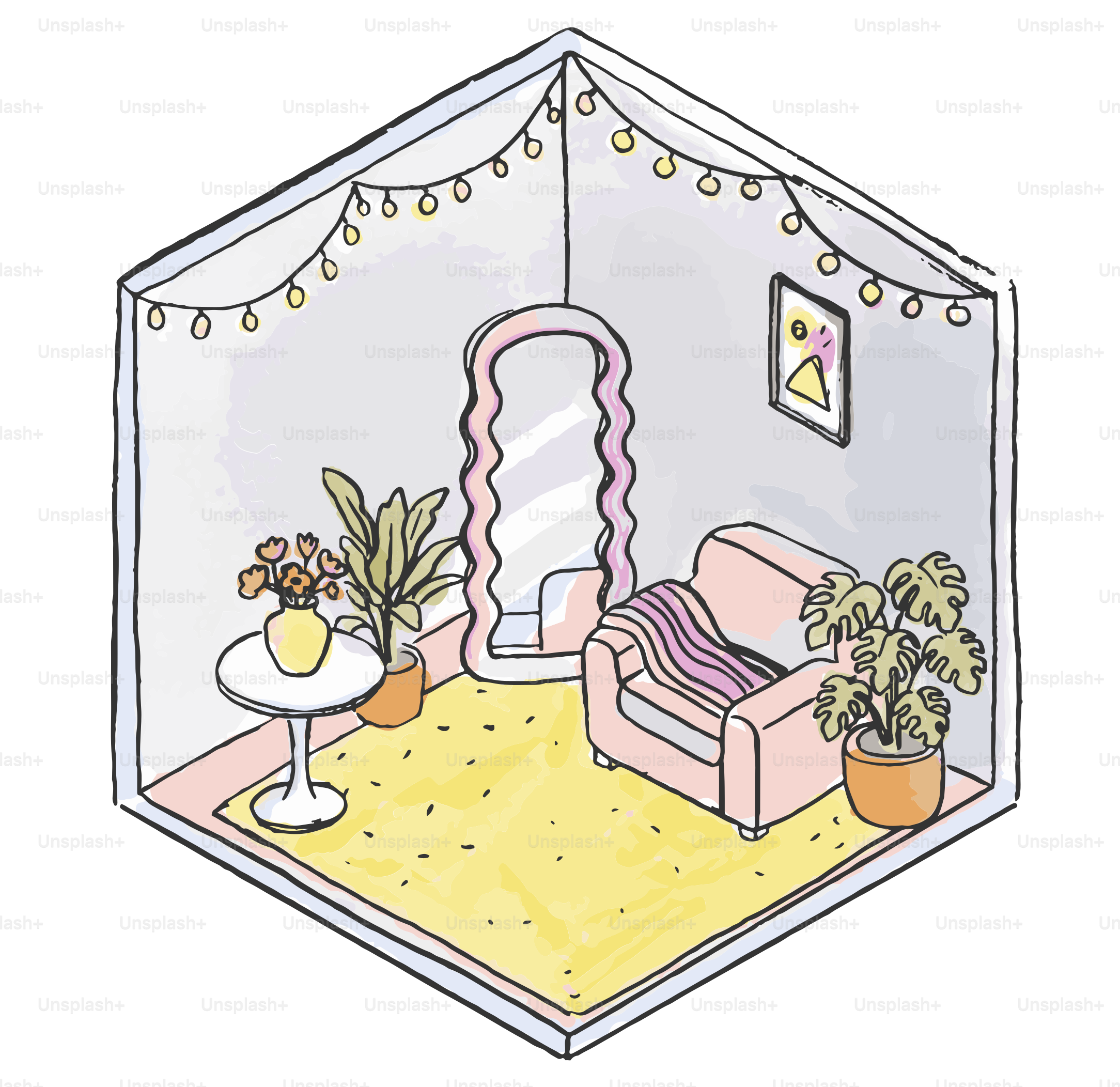 Pièce douillette avec fauteuil, plantes et guirlandes lumineuses.