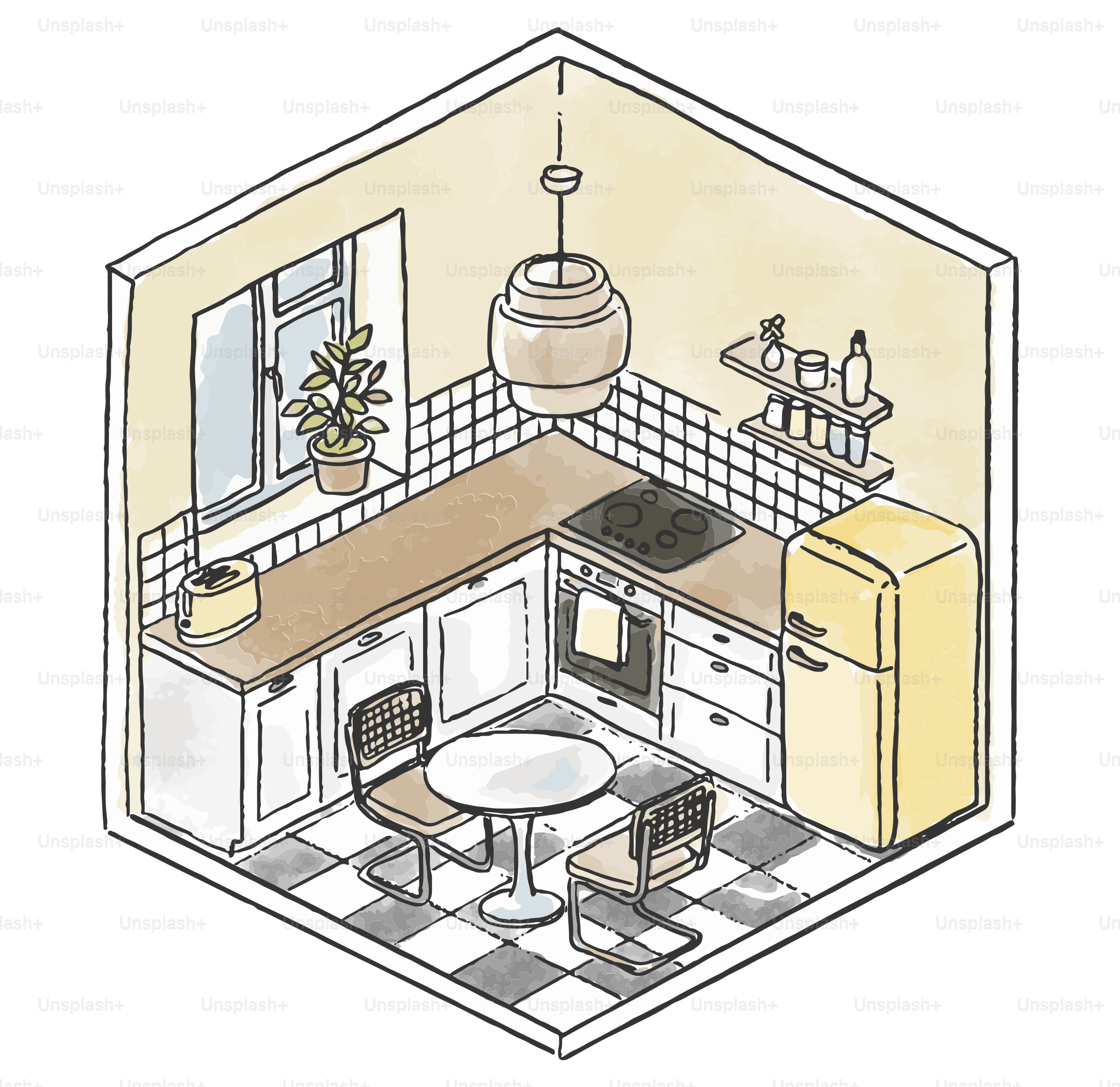 Cuisine douillette avec réfrigérateur et table à manger rétro jaune.