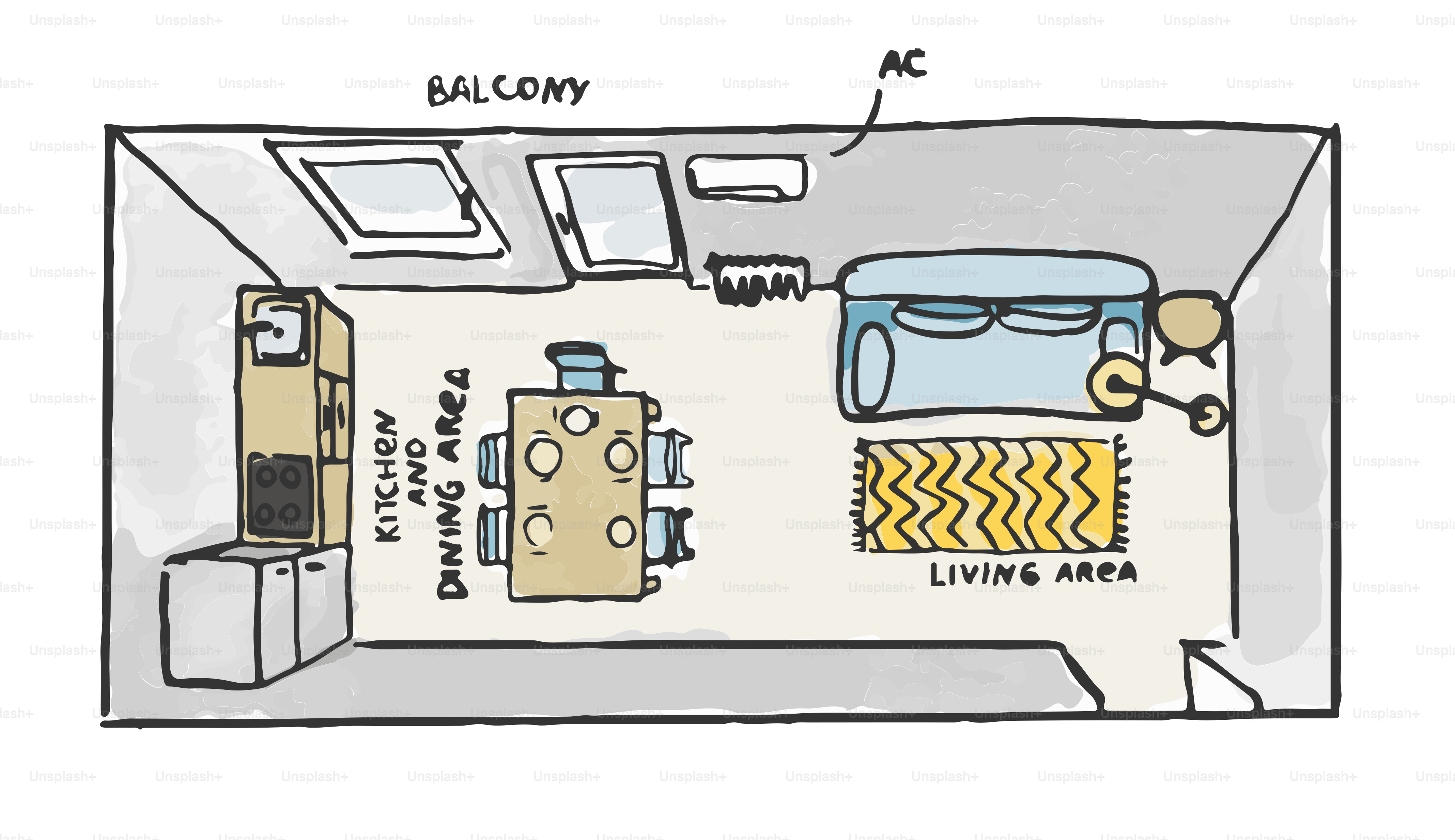 Floor plan of studio apartment with kitchen and living area.