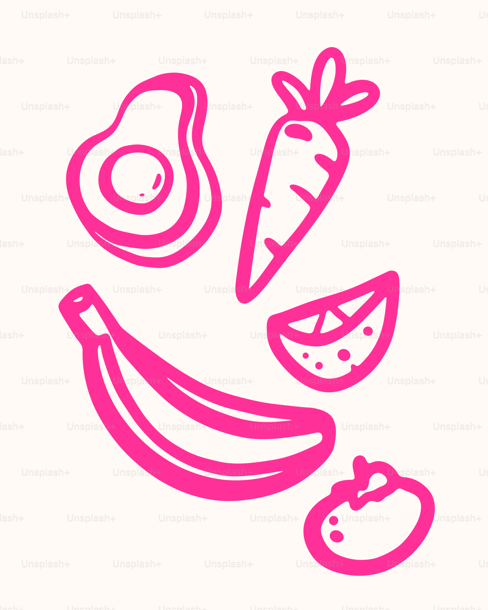 Contorno rosa de aguacate, zanahoria, plátano, rodaja de naranja y tomate.