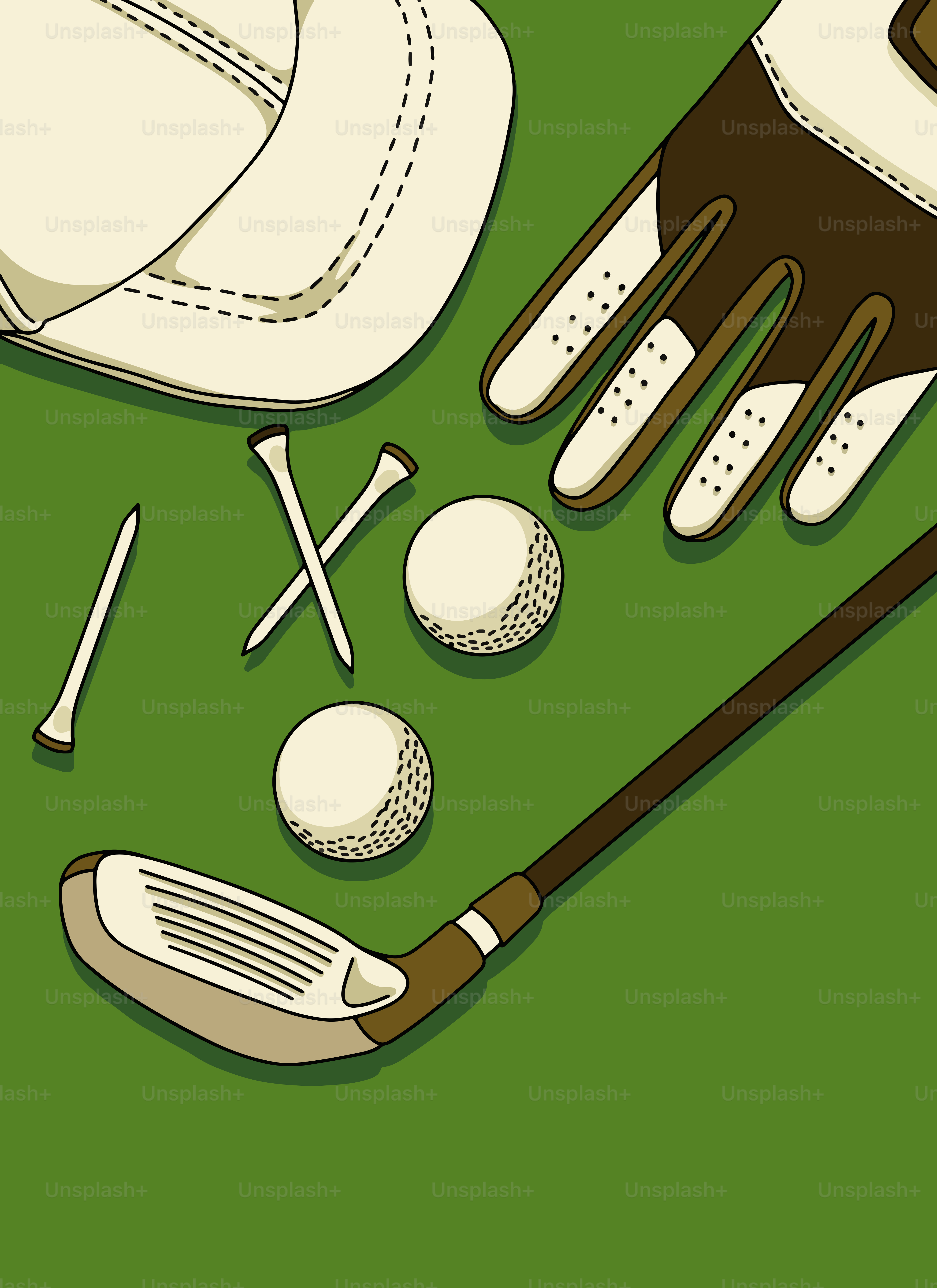 Golf equipment arranged on a green surface.