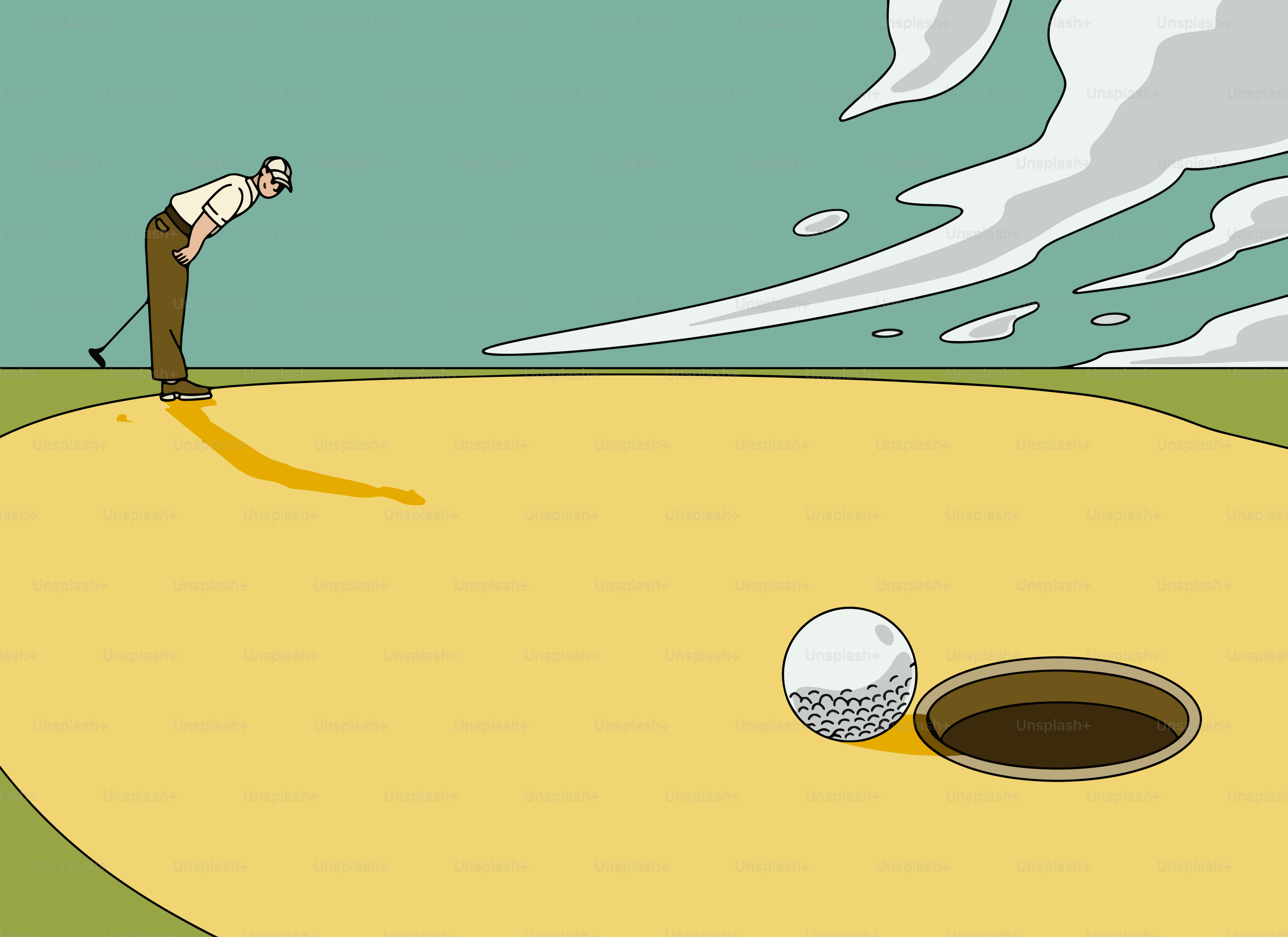 Golfer bends over near hole with golf ball