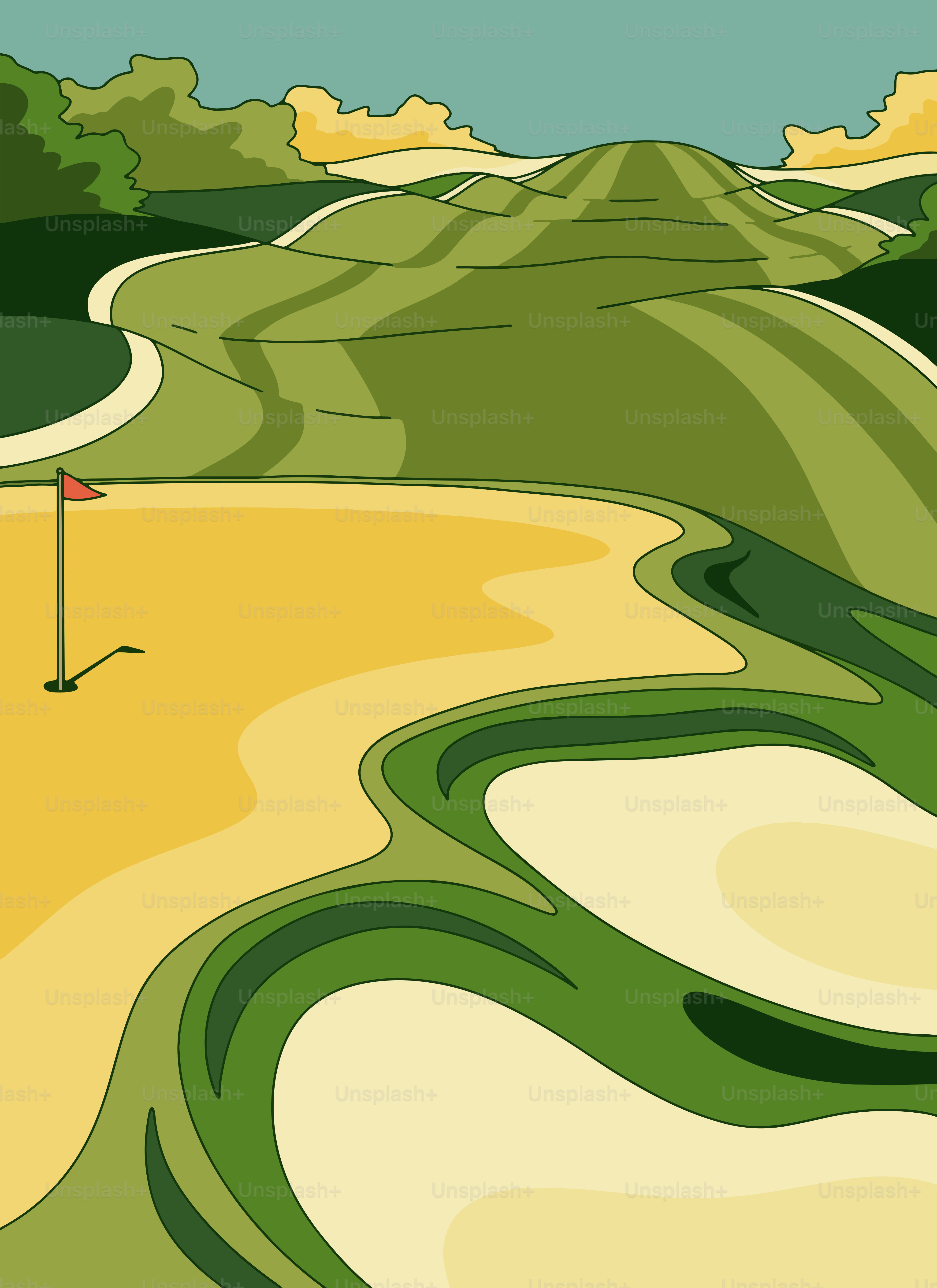 Ein Golfplatz mit Sandfalle und Flagge