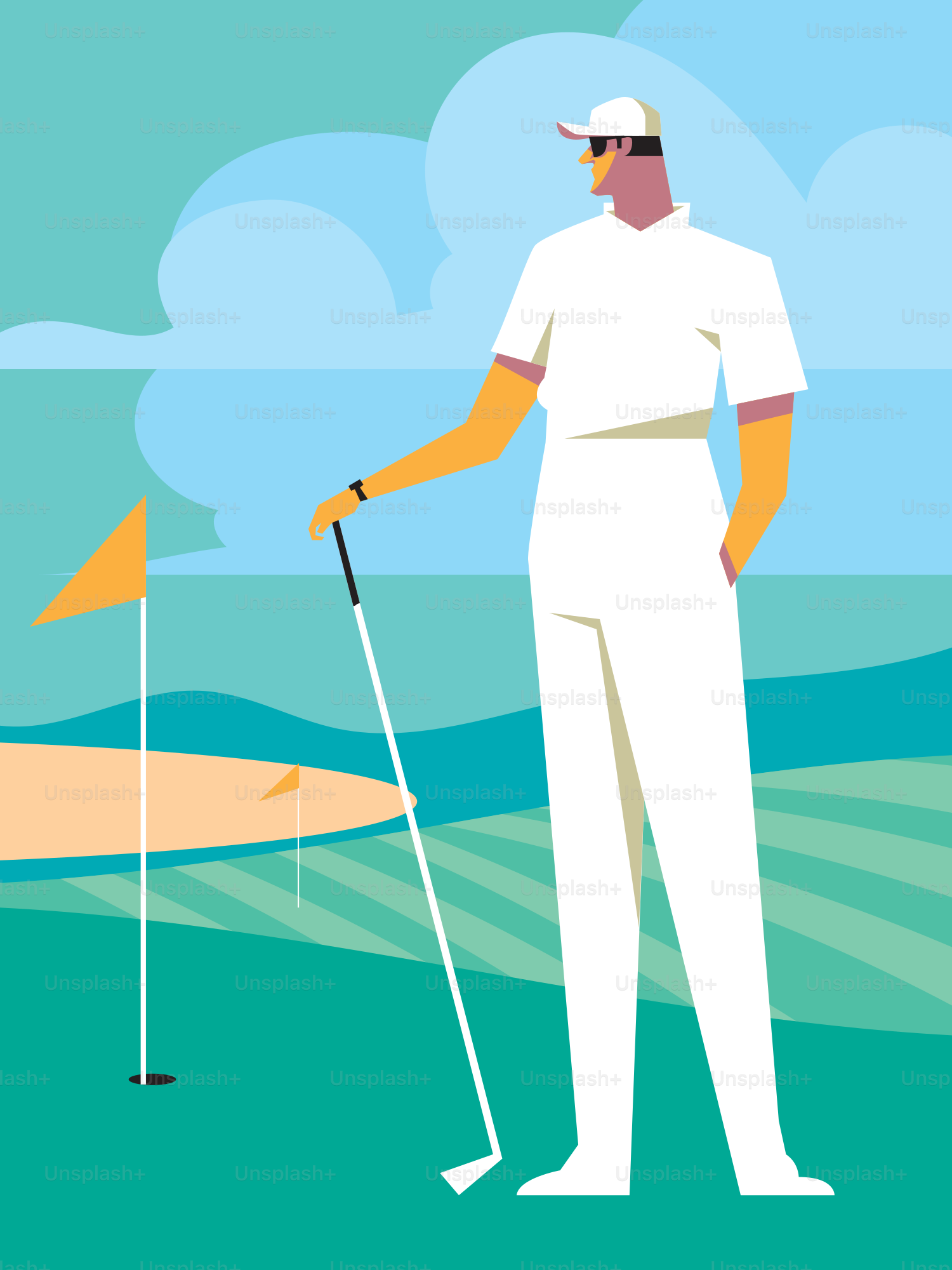 Golfer in white stands on a green course.