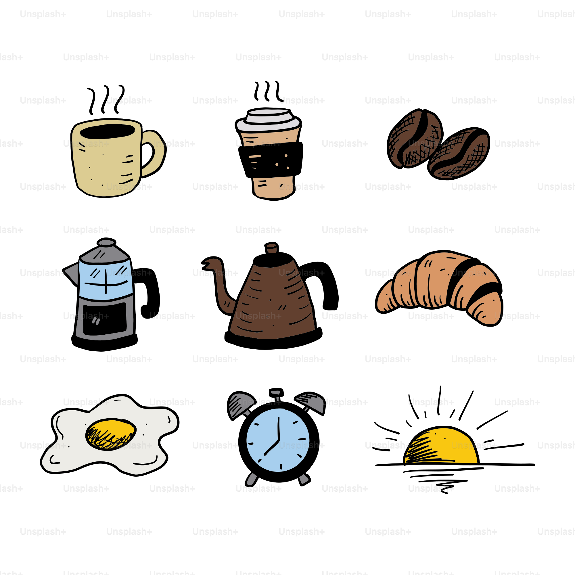 Coffee, croissant, egg, and sunrise icons