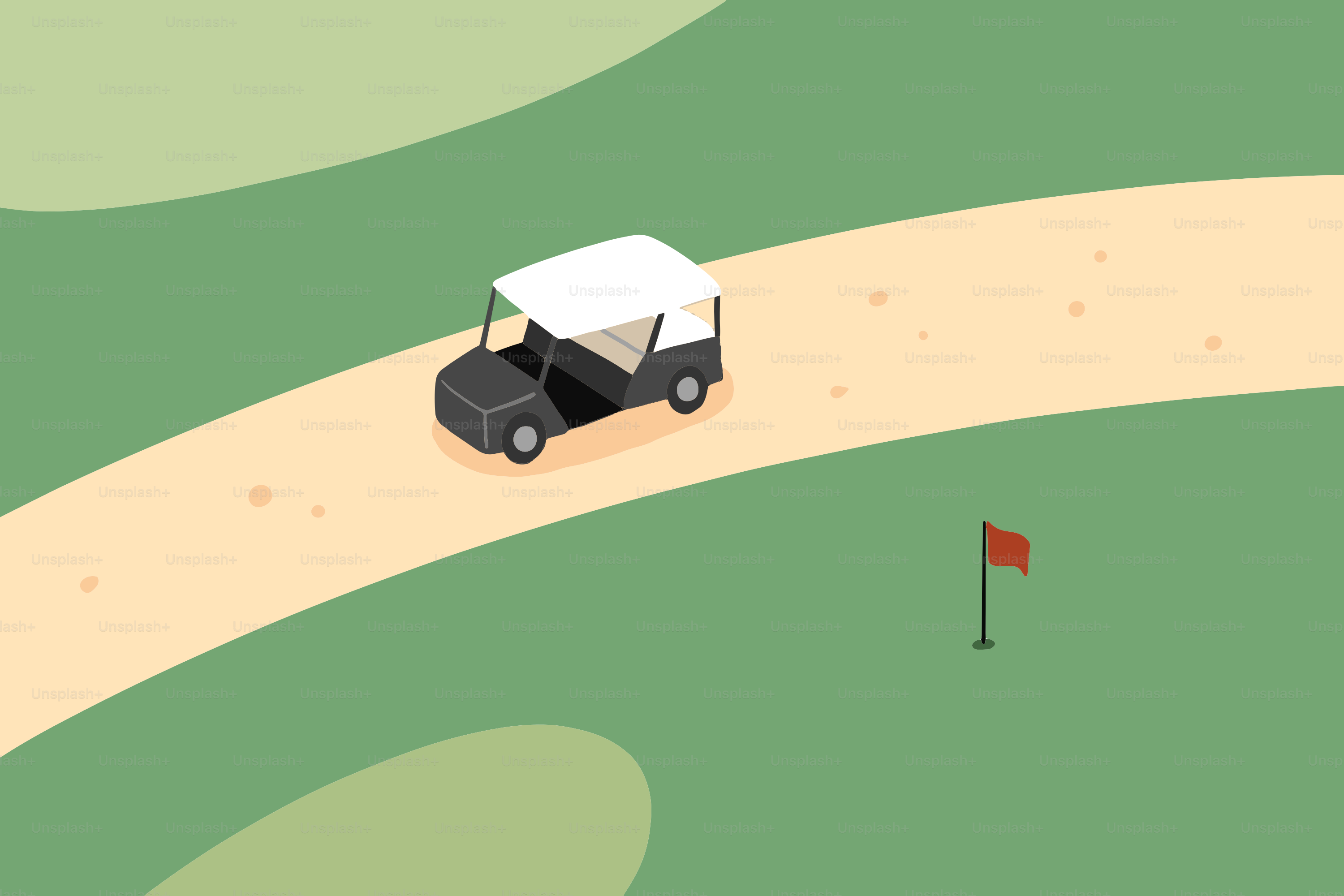 A golf cart drives on a path near a flag.