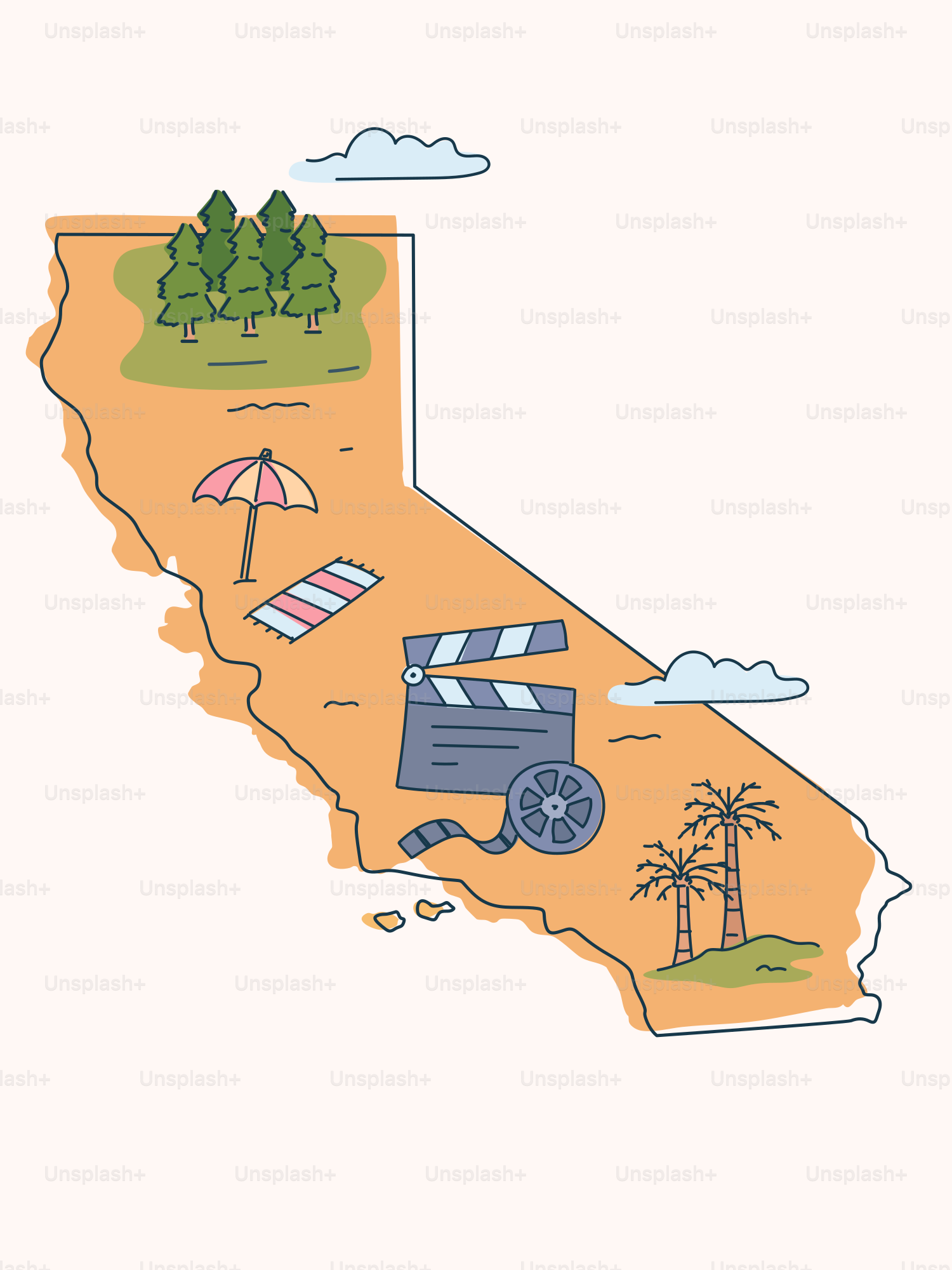 Kalifornienkarte mit Strand-, Wald- und Filmikonen