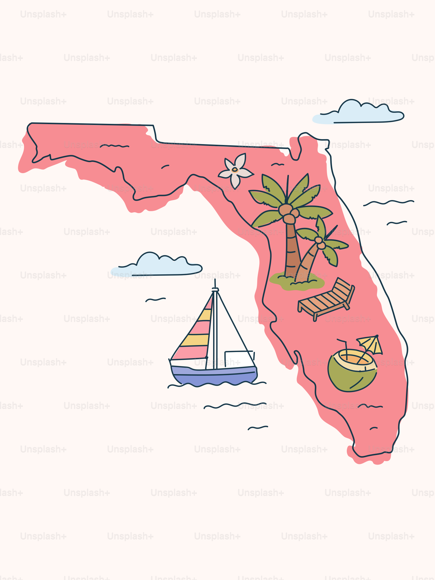 Florida-Karte mit tropischen Urlaubssymbolen