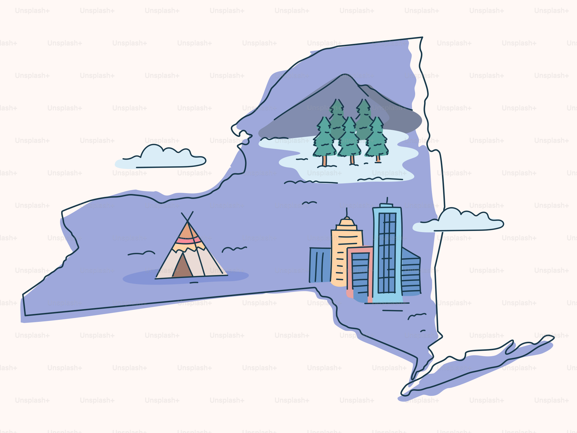 Umriss des Bundesstaates New York mit vielfältigen Landschaften und Stadt.