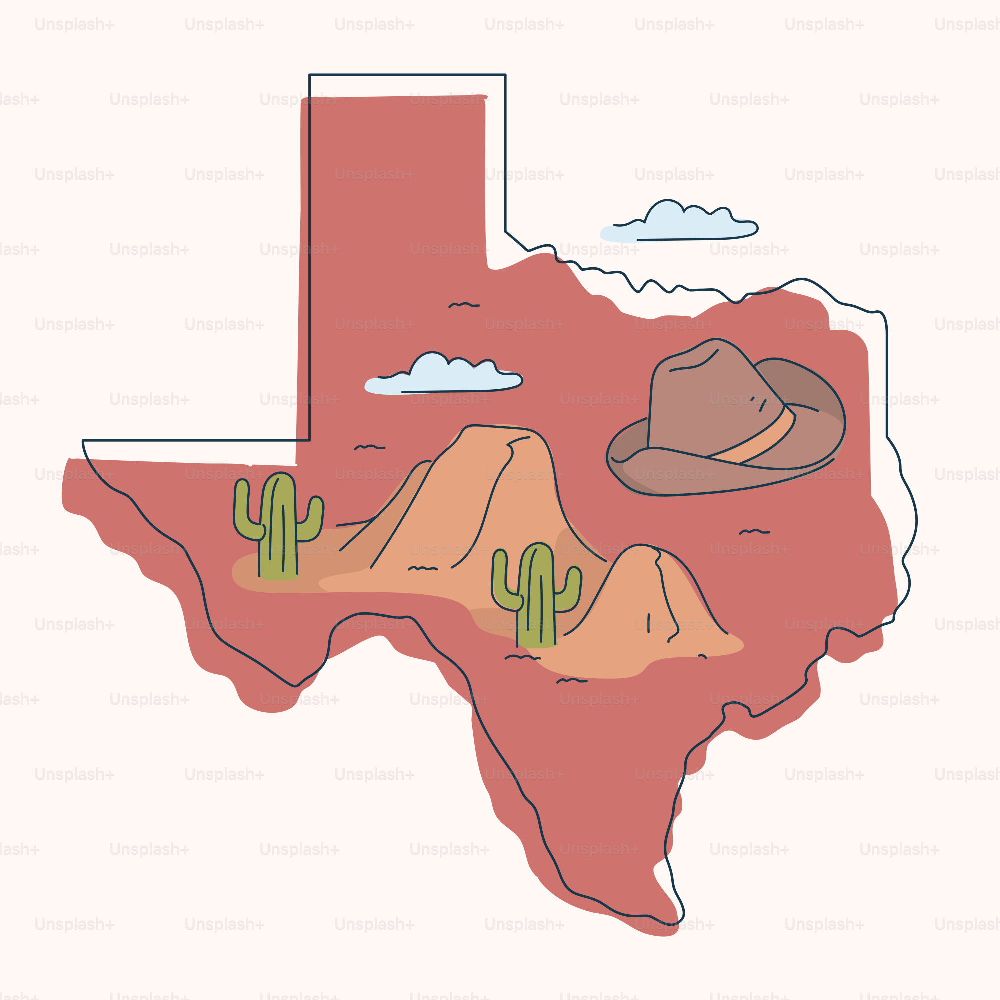 Texas-Umriss mit Wüstenlandschaft und Cowboyhut