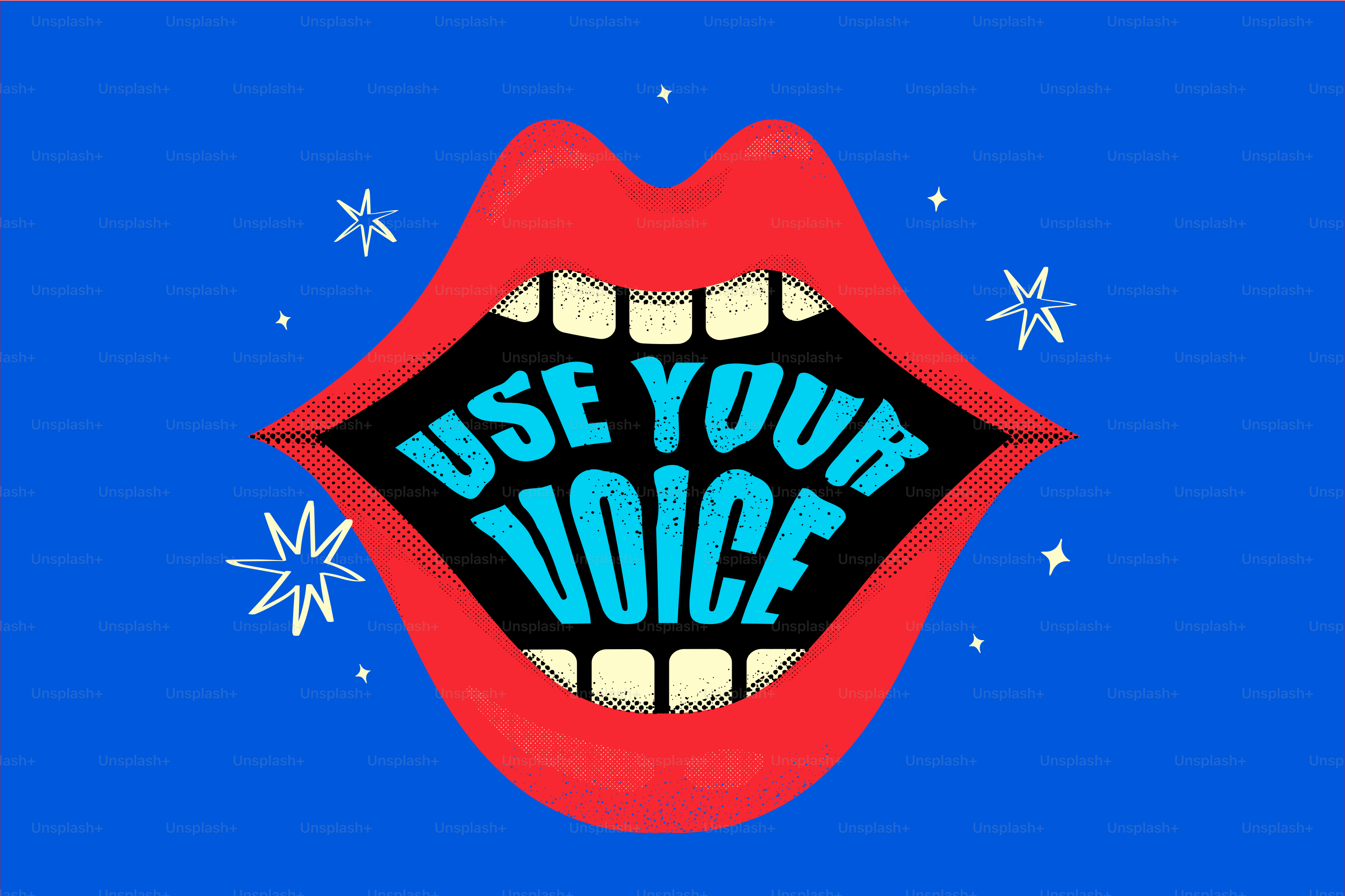 Lábios vermelhos com texto "use sua voz" dentro