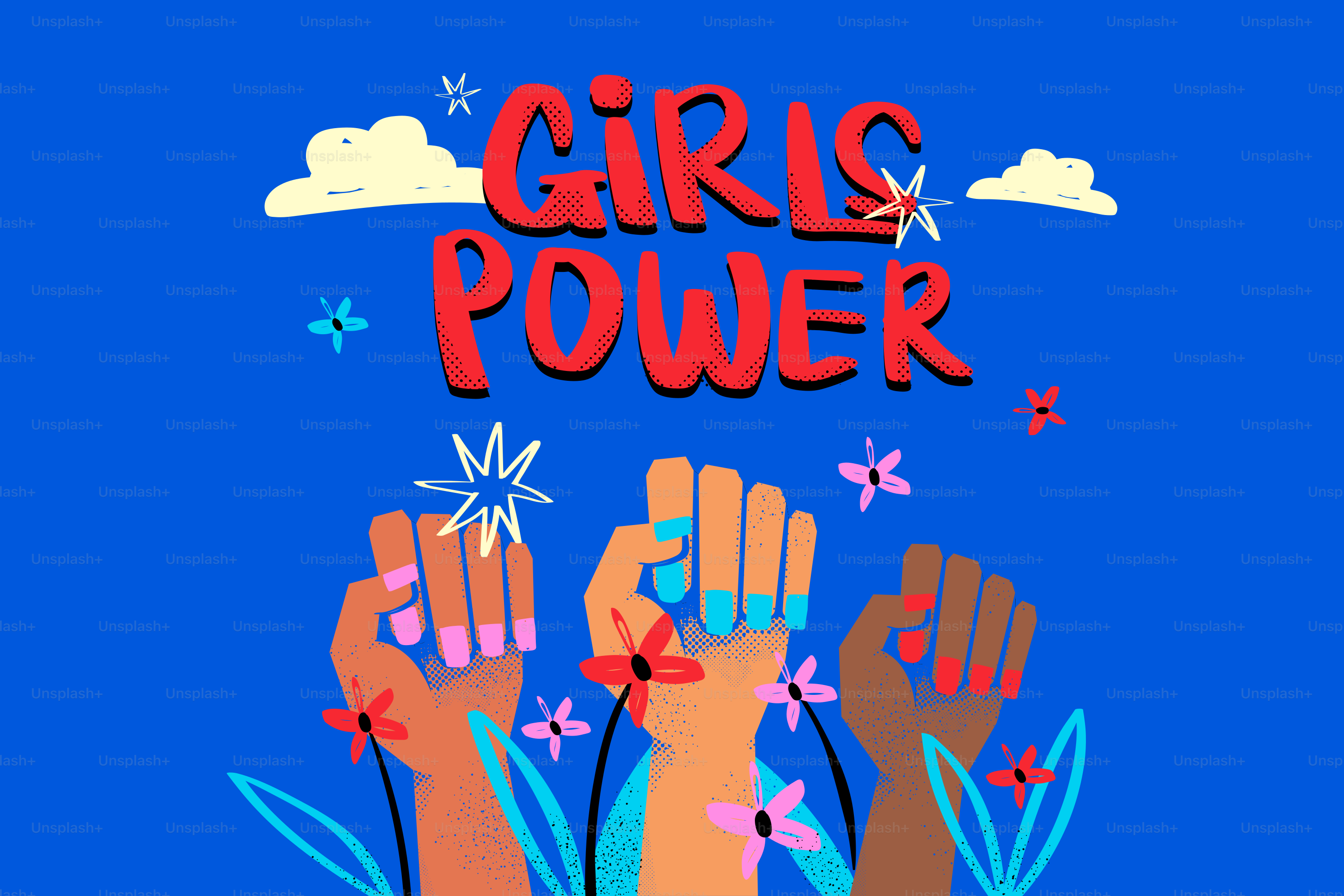 Três punhos erguidos com texto 'girl power'.