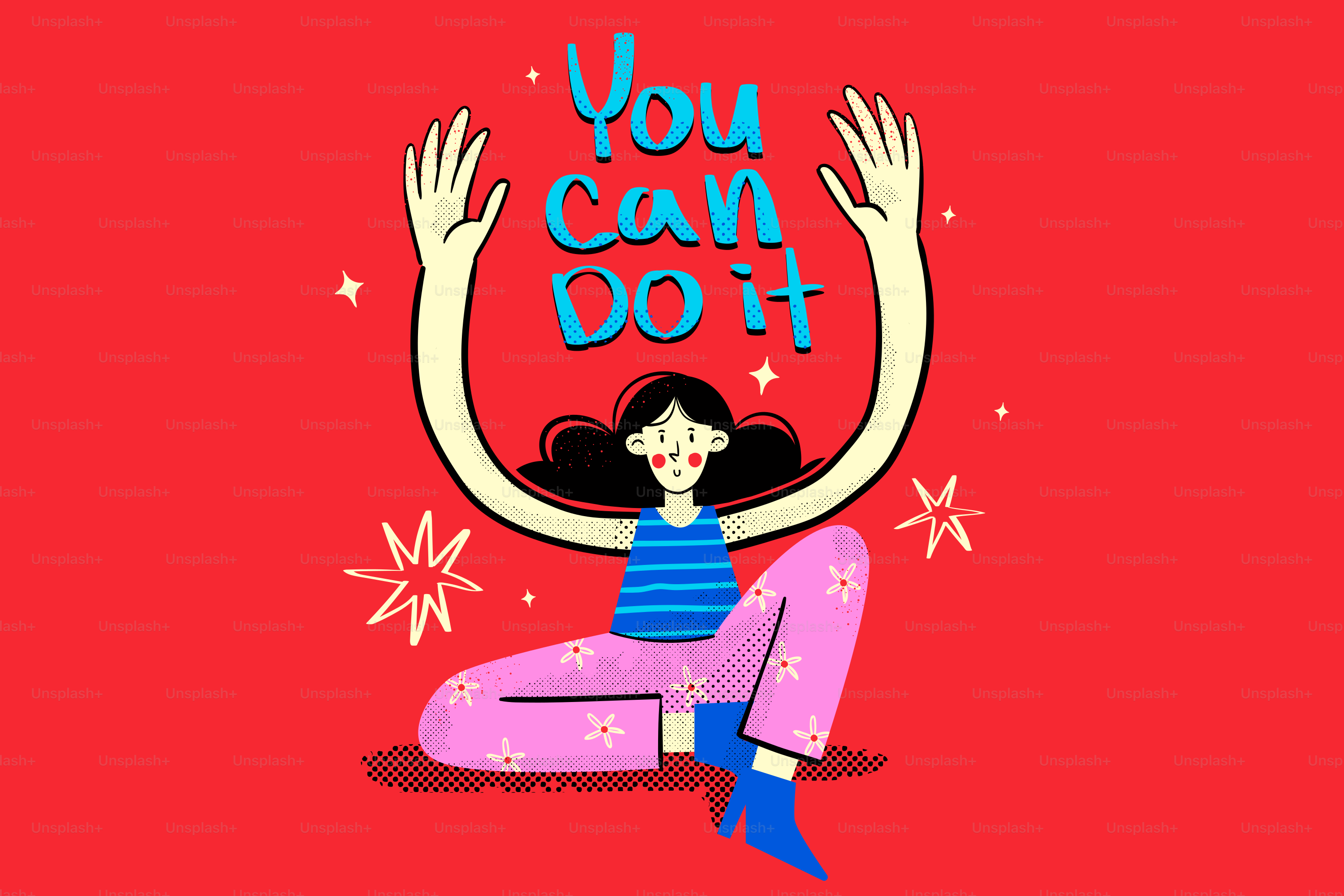 Mulher de braços erguidos diz "você consegue!"