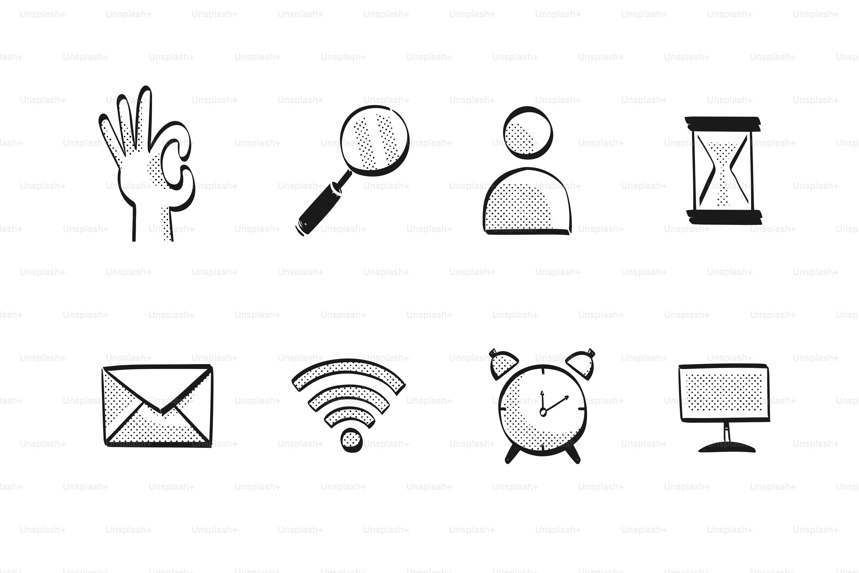 Eight simple line art icons on a white background.