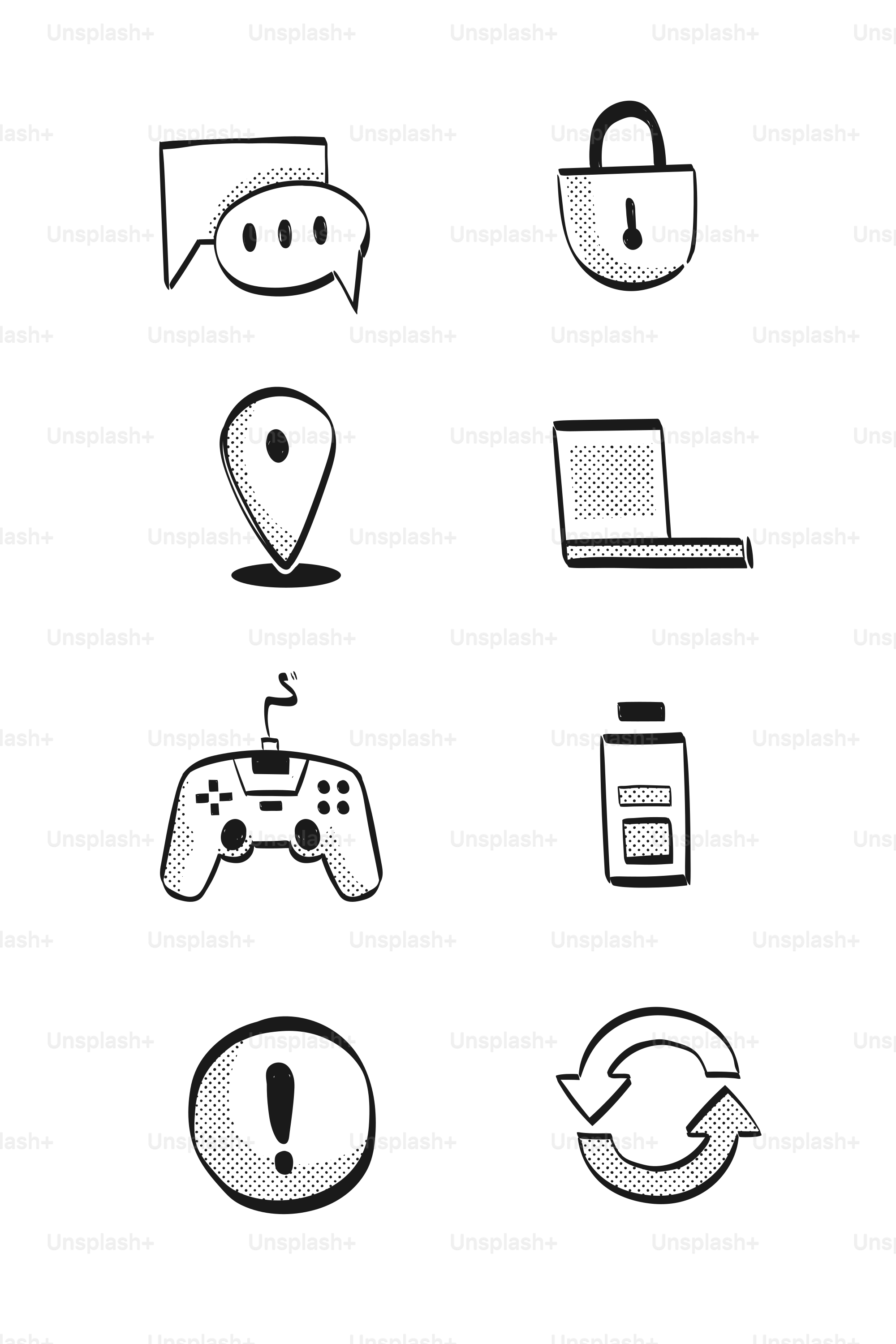 Eight simple line art icons on white background