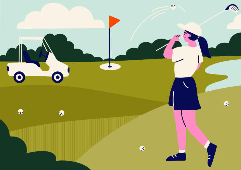 Frau spielt Golf auf einem sonnigen Platz mit einem Golfwagen.