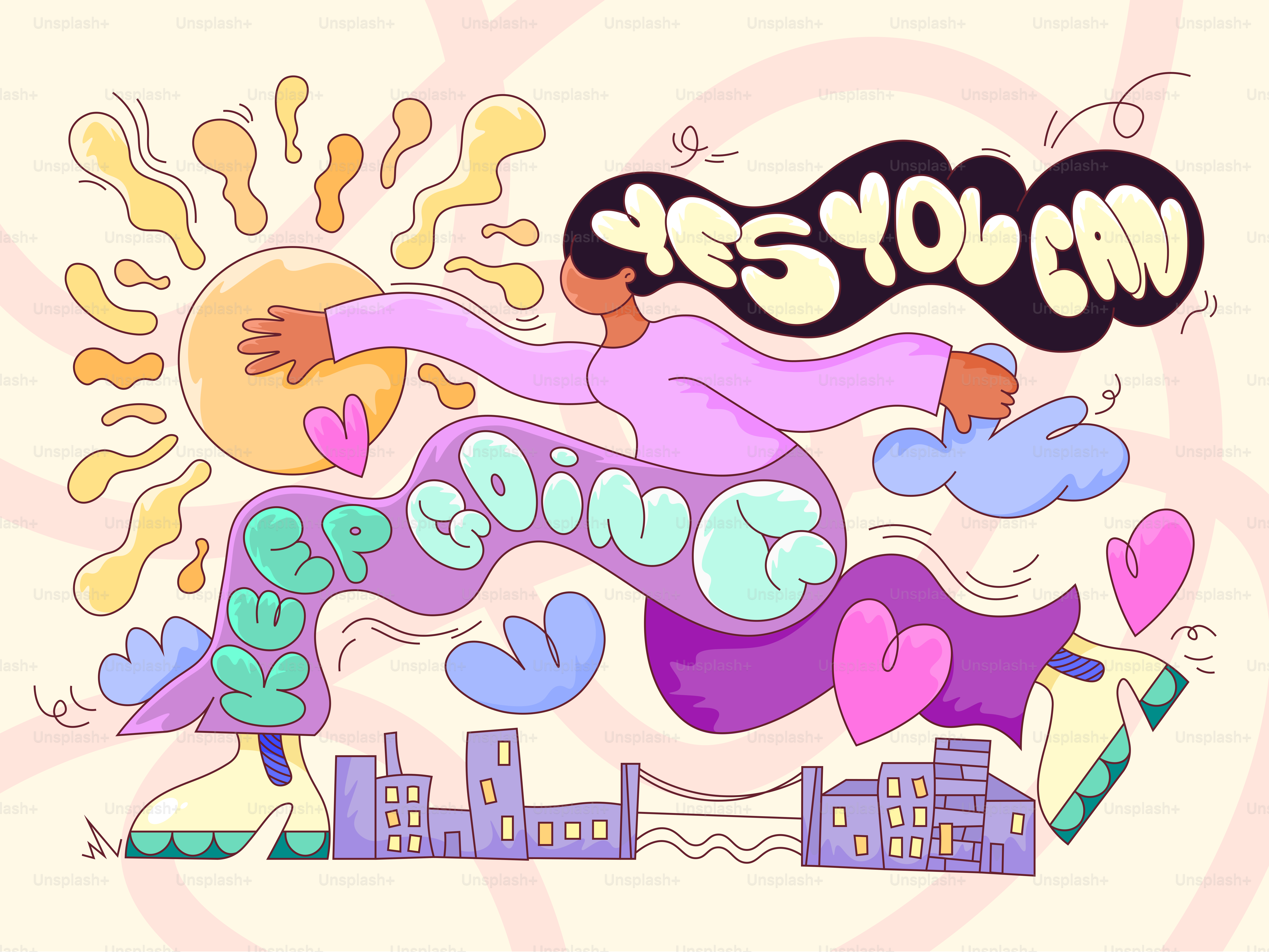 Mujer corriendo con mensajes de 'sigue' y 'sí, puedes'.