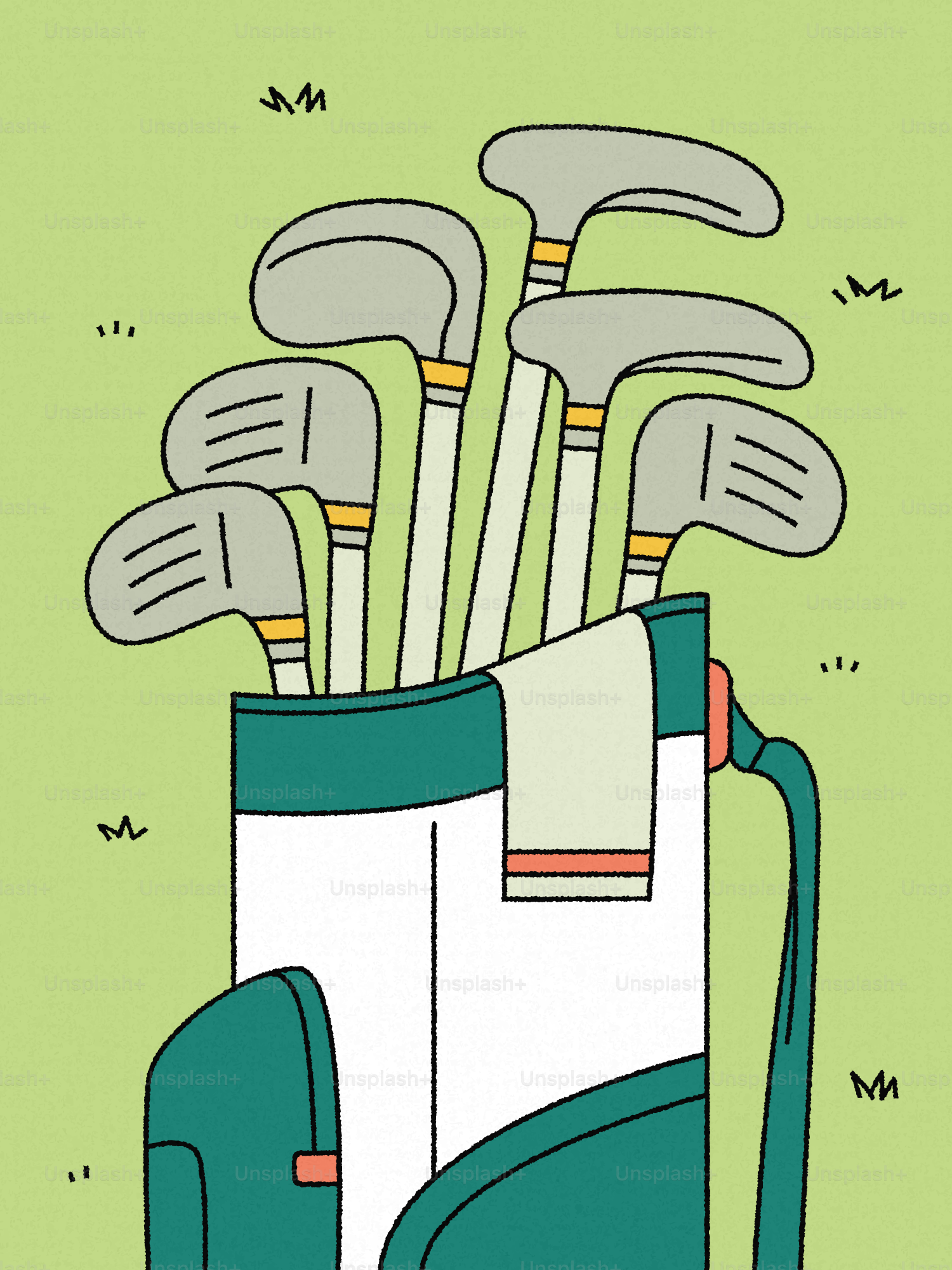 緑の背景にクラブが入ったゴルフバッグ