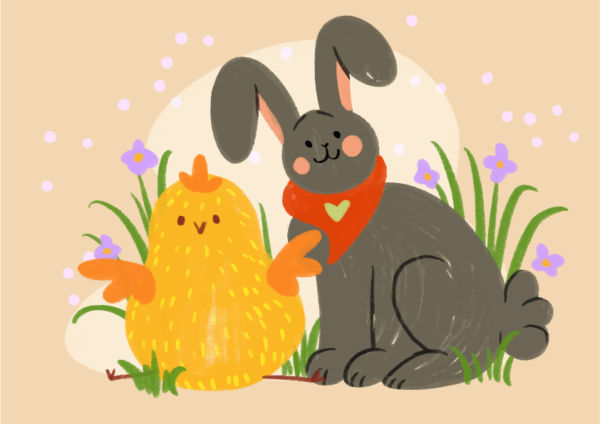 Un mignon poussin et un lapin dans un champ