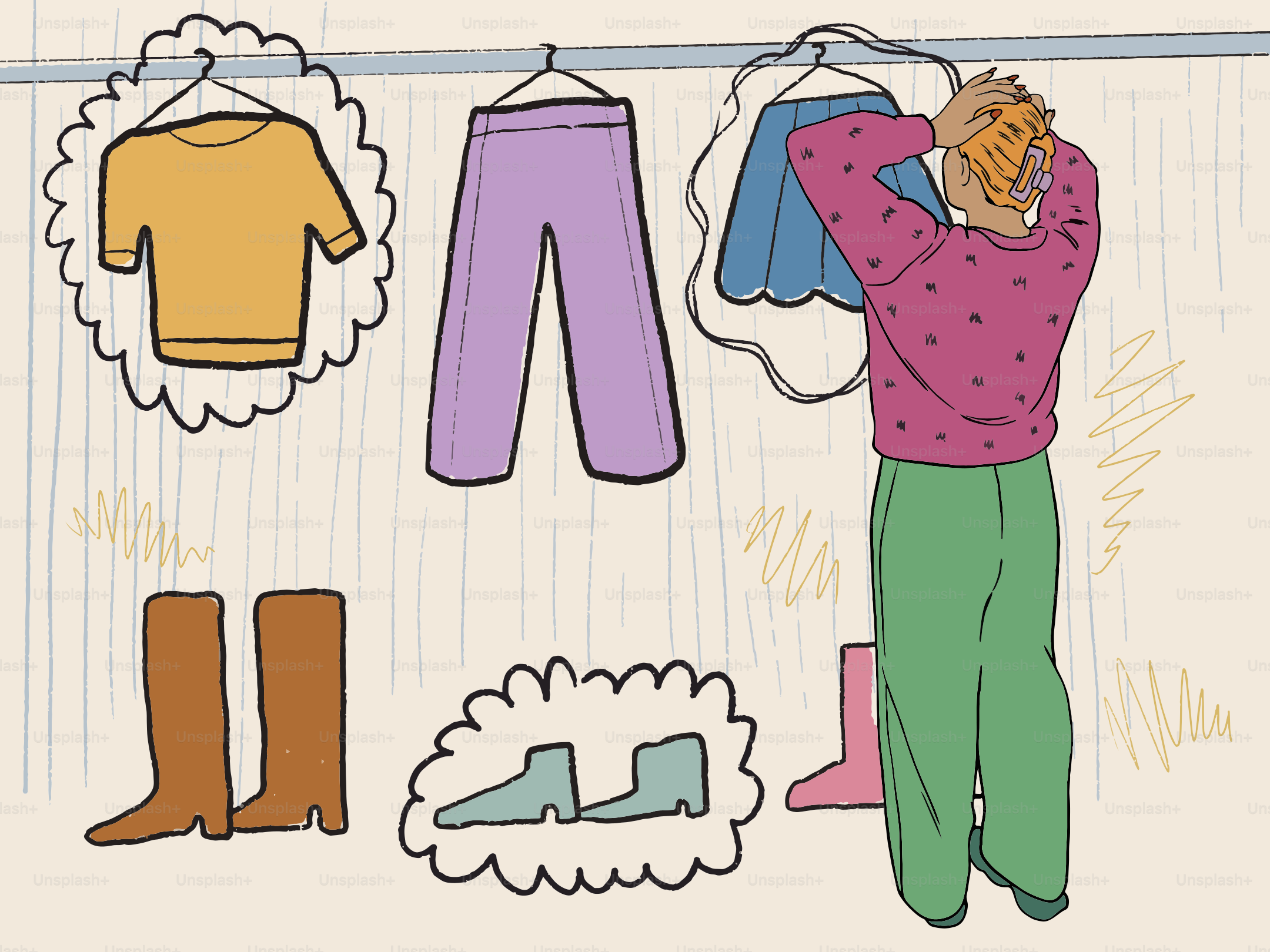Person choosing clothes from a rack and shoes