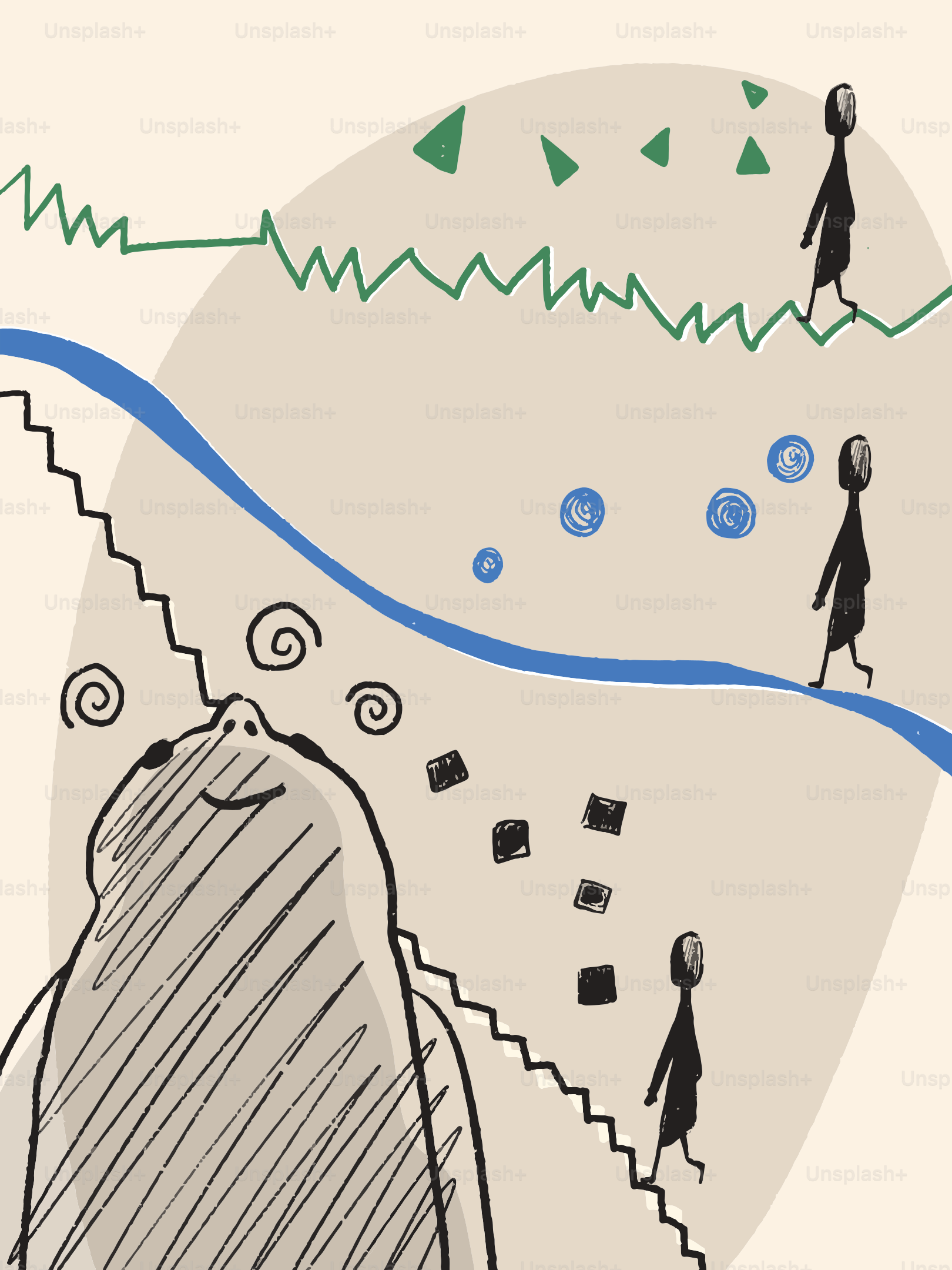 人と大きな生き物が登場する抽象的な場面