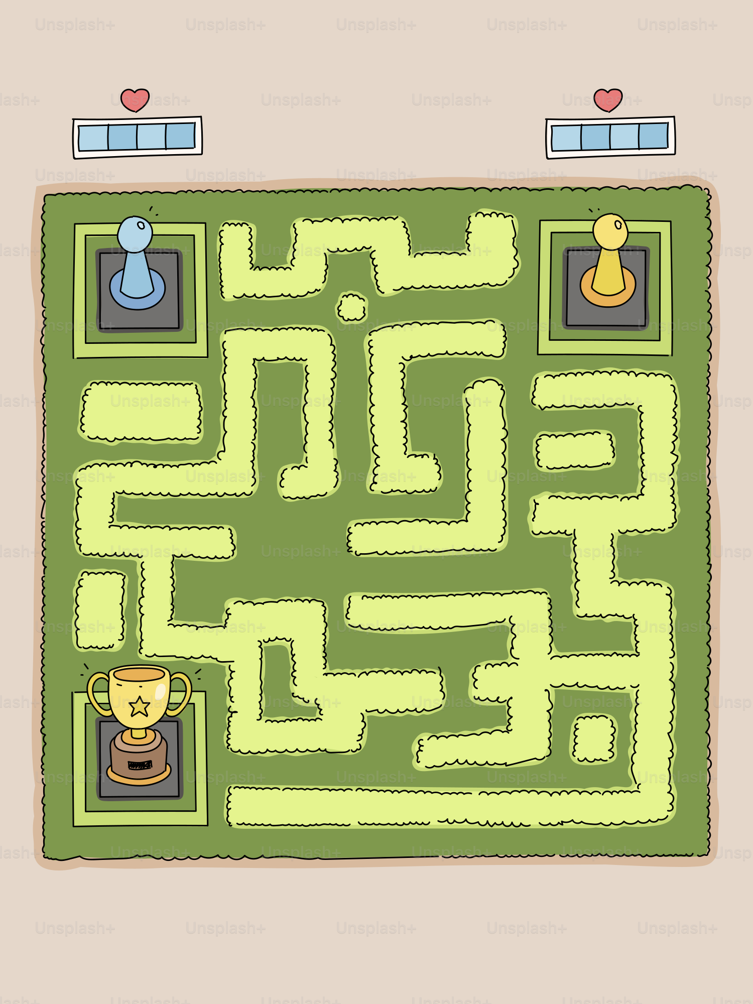 Two pawns in a maze with a trophy.