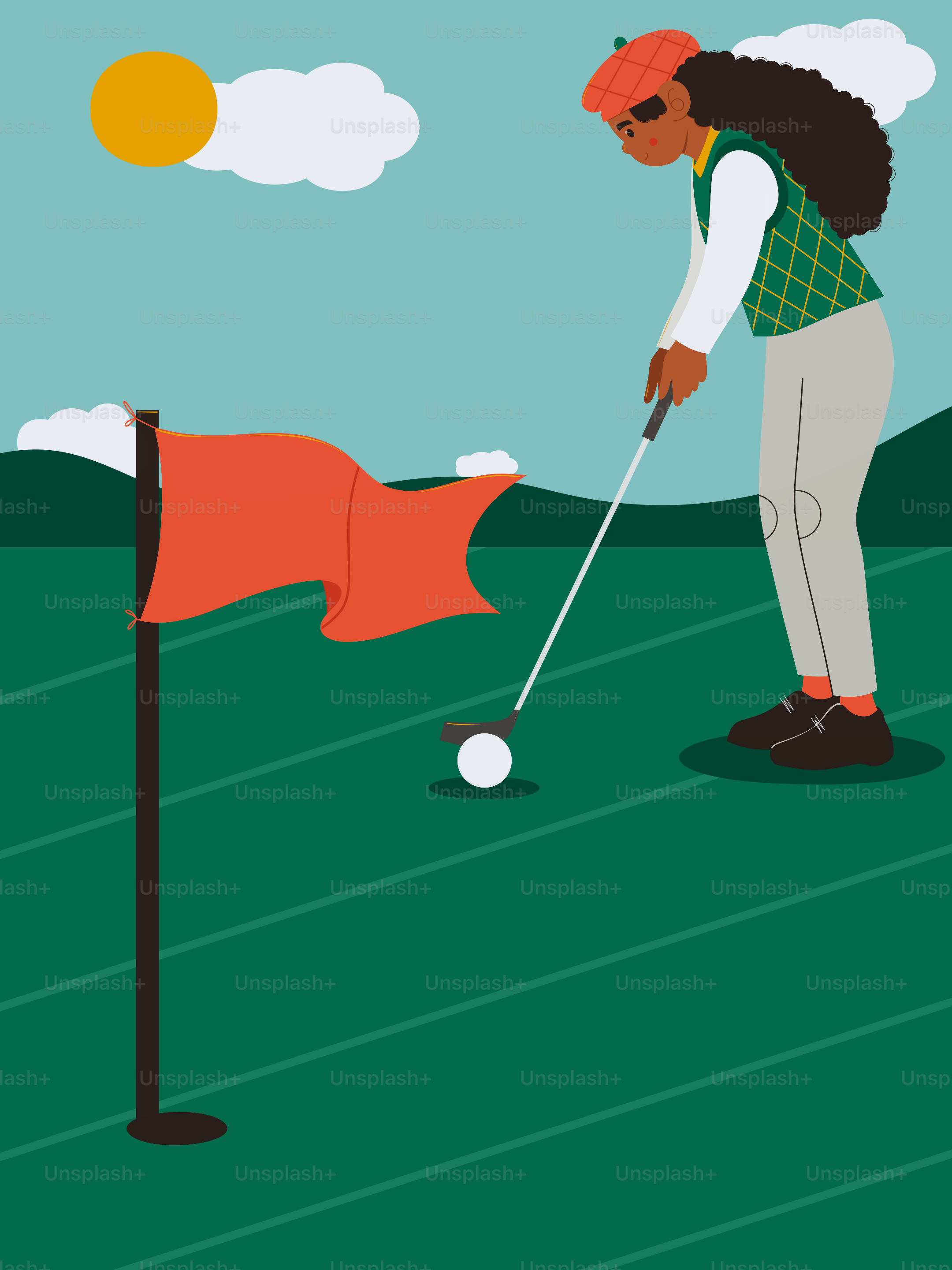 Frau, die an einem sonnigen Tag Golf spielt