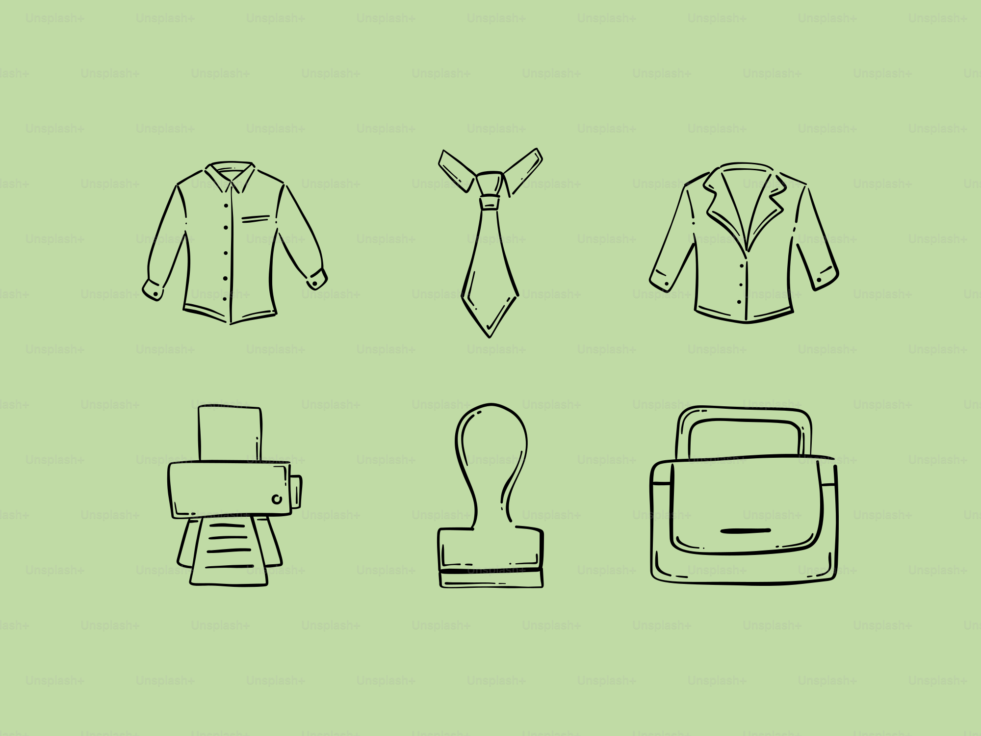 Ikonen für Geschäftskleidung und Bürobedarf auf grünem Hintergrund