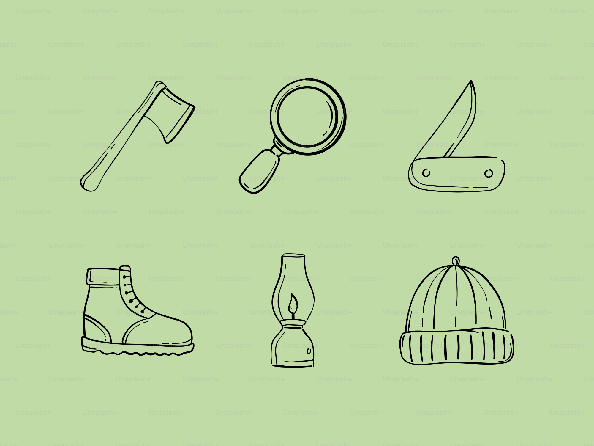 Eine Axt, Lupe, Messer, Stiefel, Laterne und Hut.