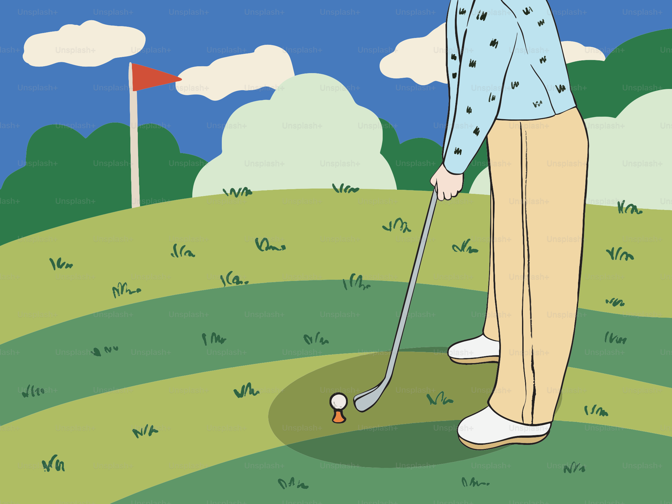 Person golfing on a sunny day with clouds.