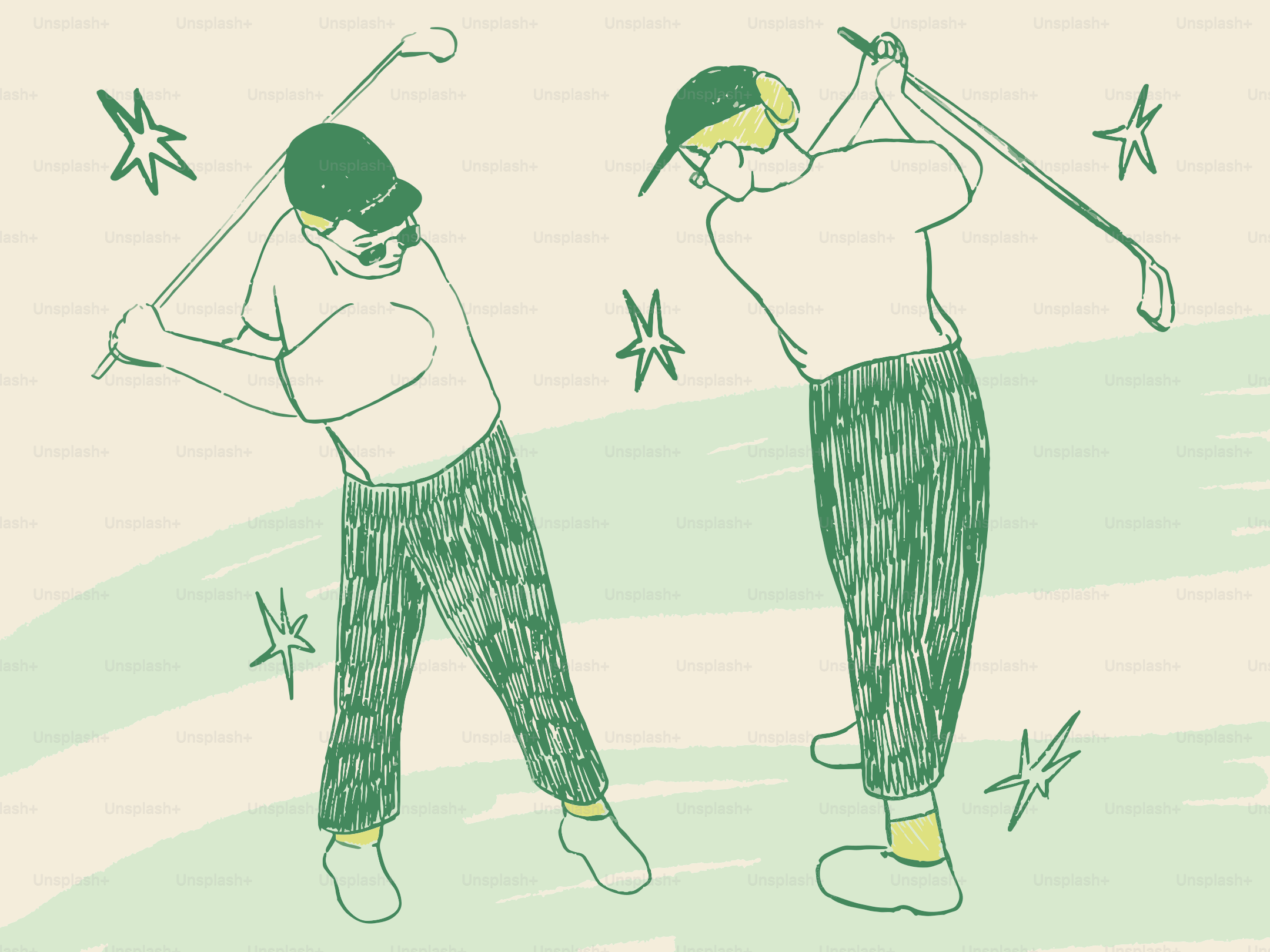 Two golfers swinging clubs on a green course