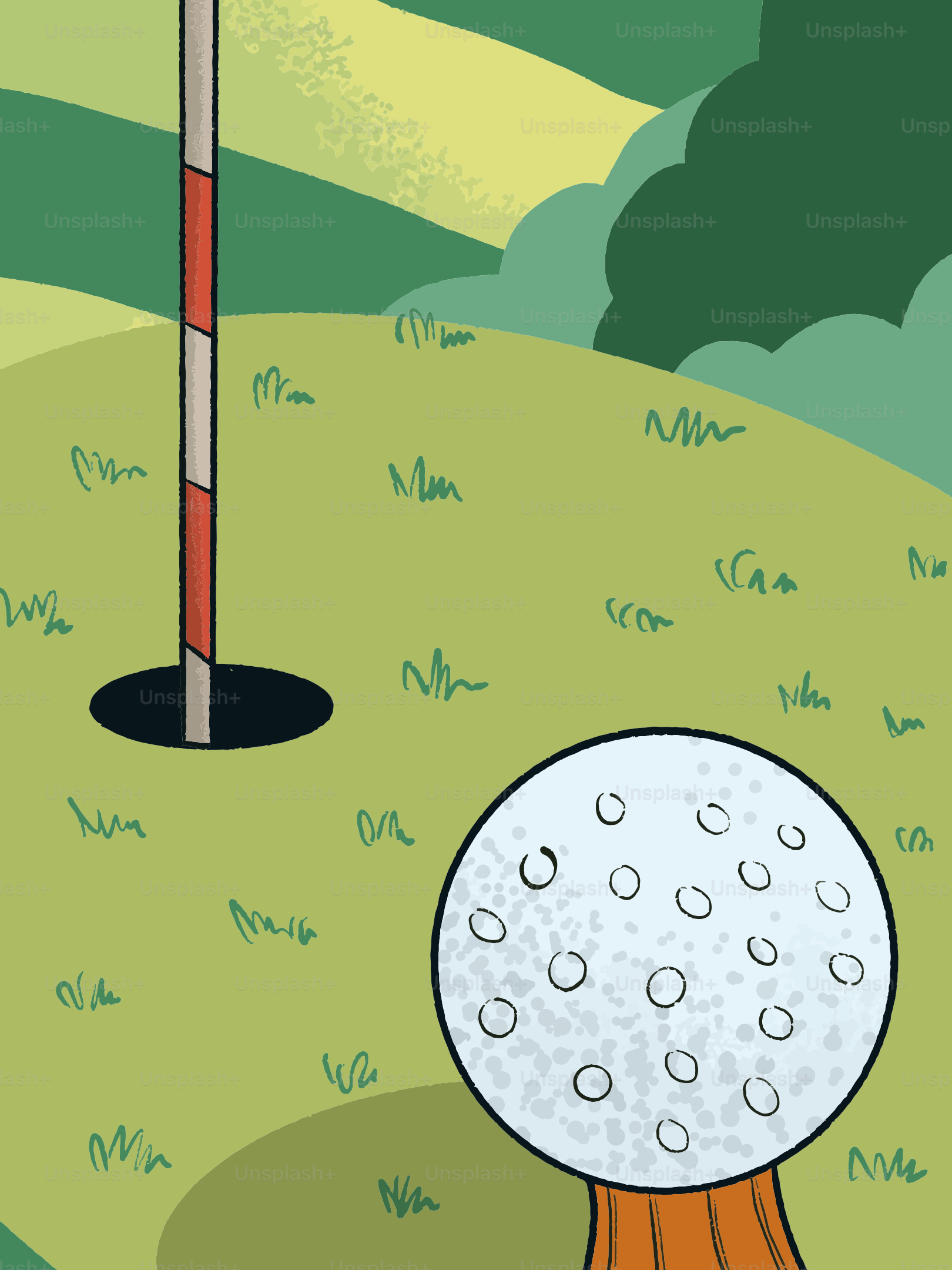 グリーンのホールのそばにゴルフボールとフラッグスティックを置く。