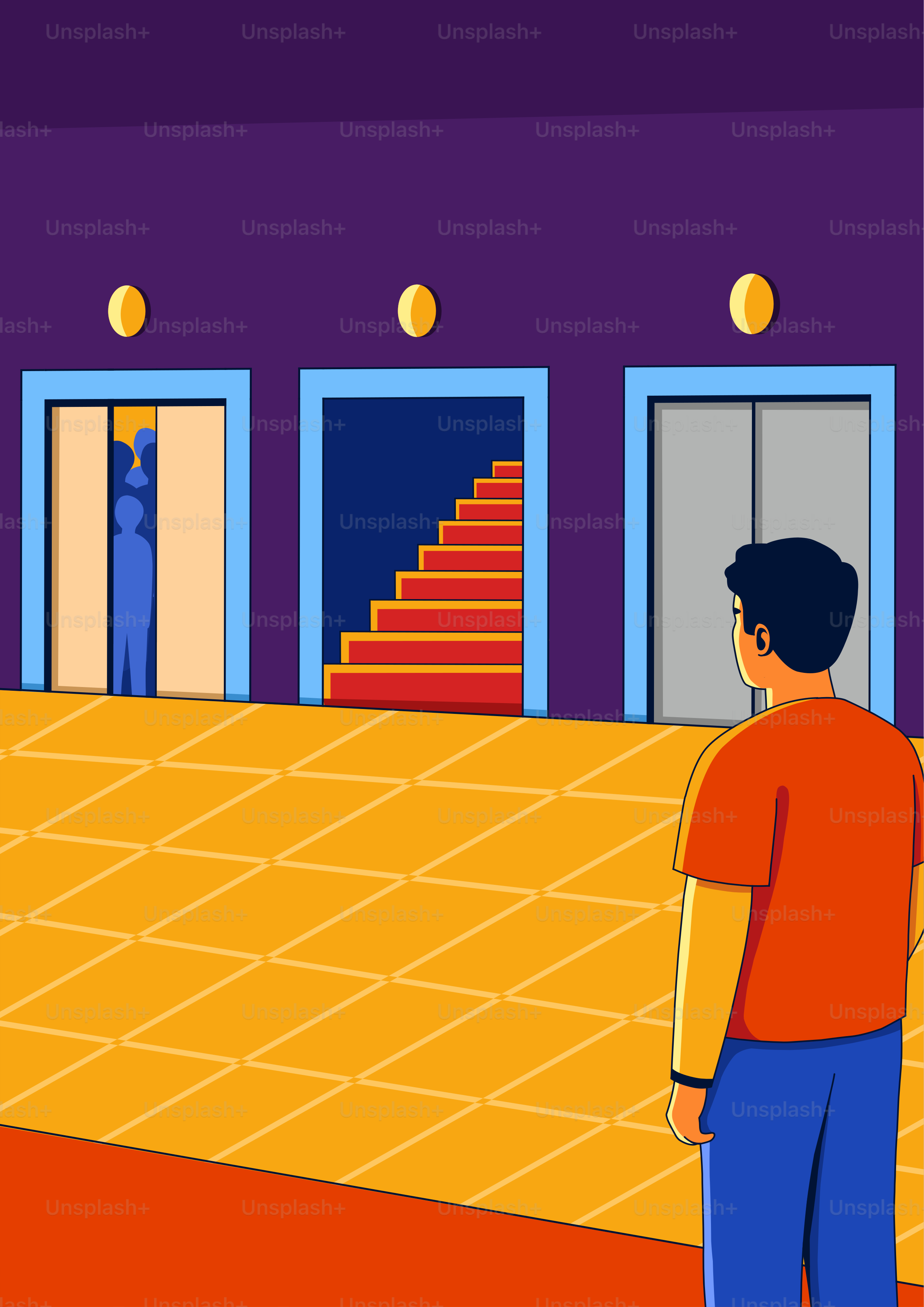 Man stands before three choices: elevator, stairs, or elevator.