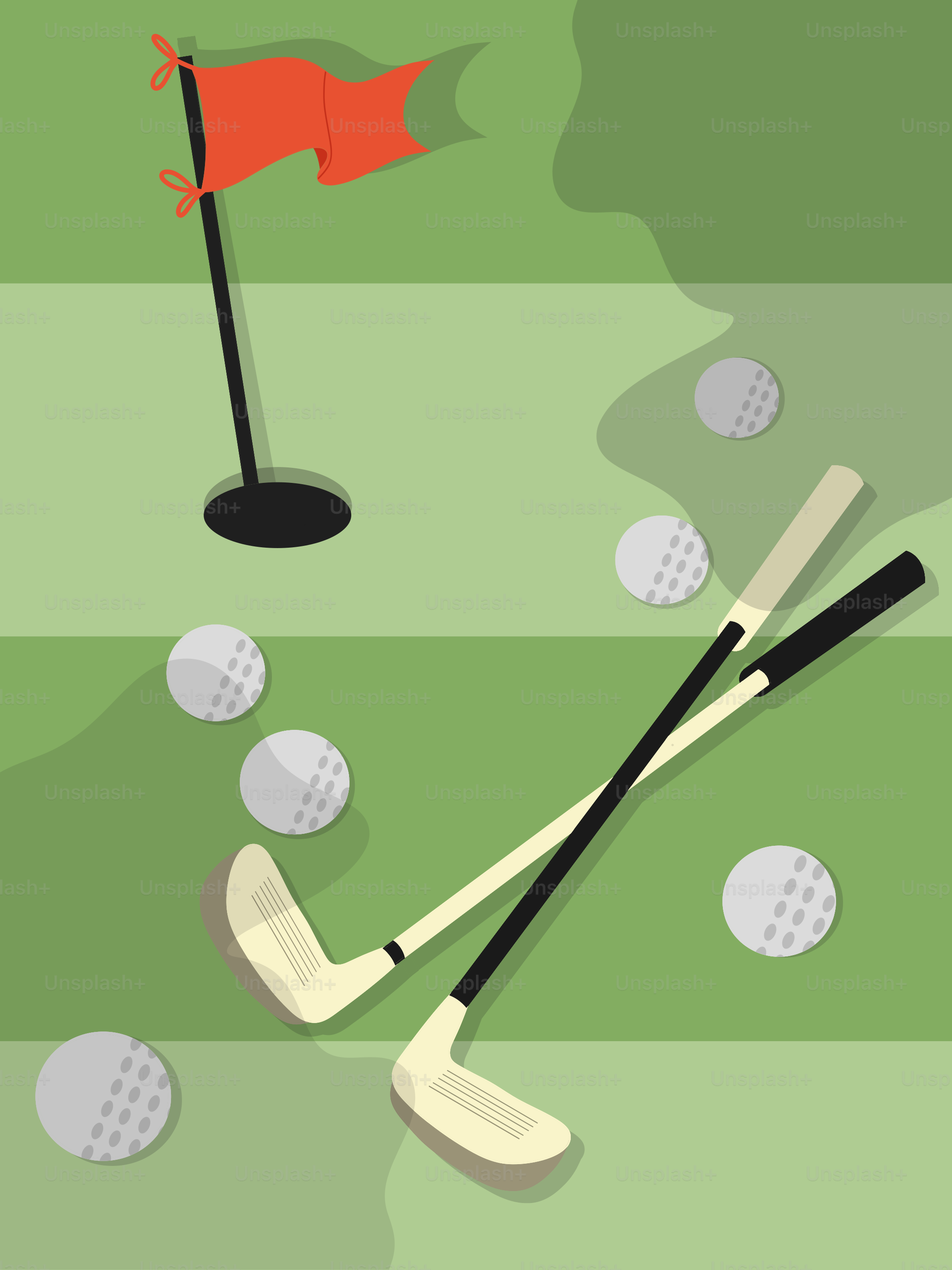 Palos de golf y bolas en un campo verde