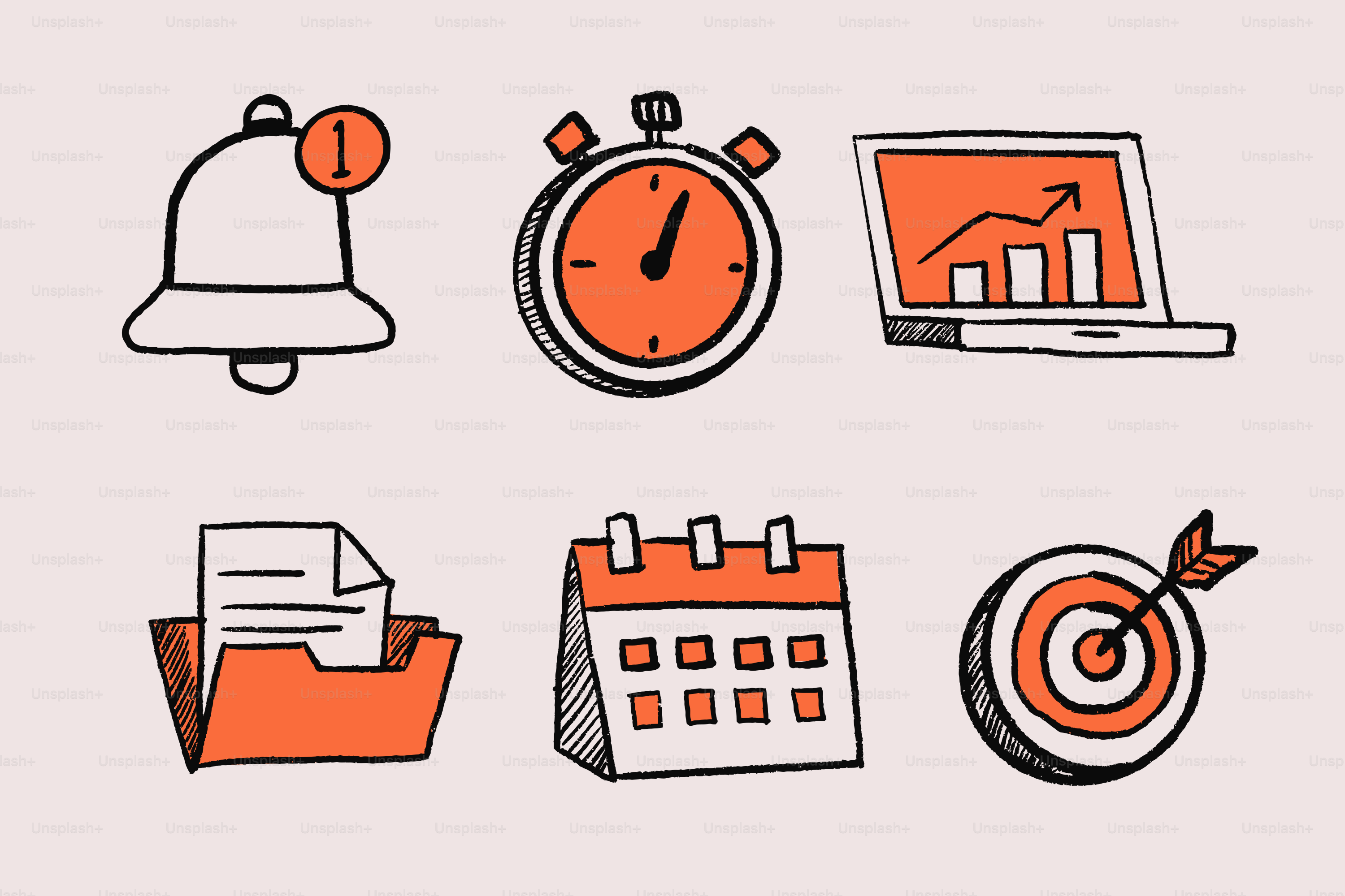 時間、目標、整理のための落書きアイコン