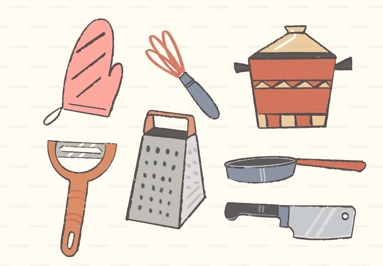 Des ustensiles de cuisine incluant la casserole, la râpe, le fouet et la mitaine.