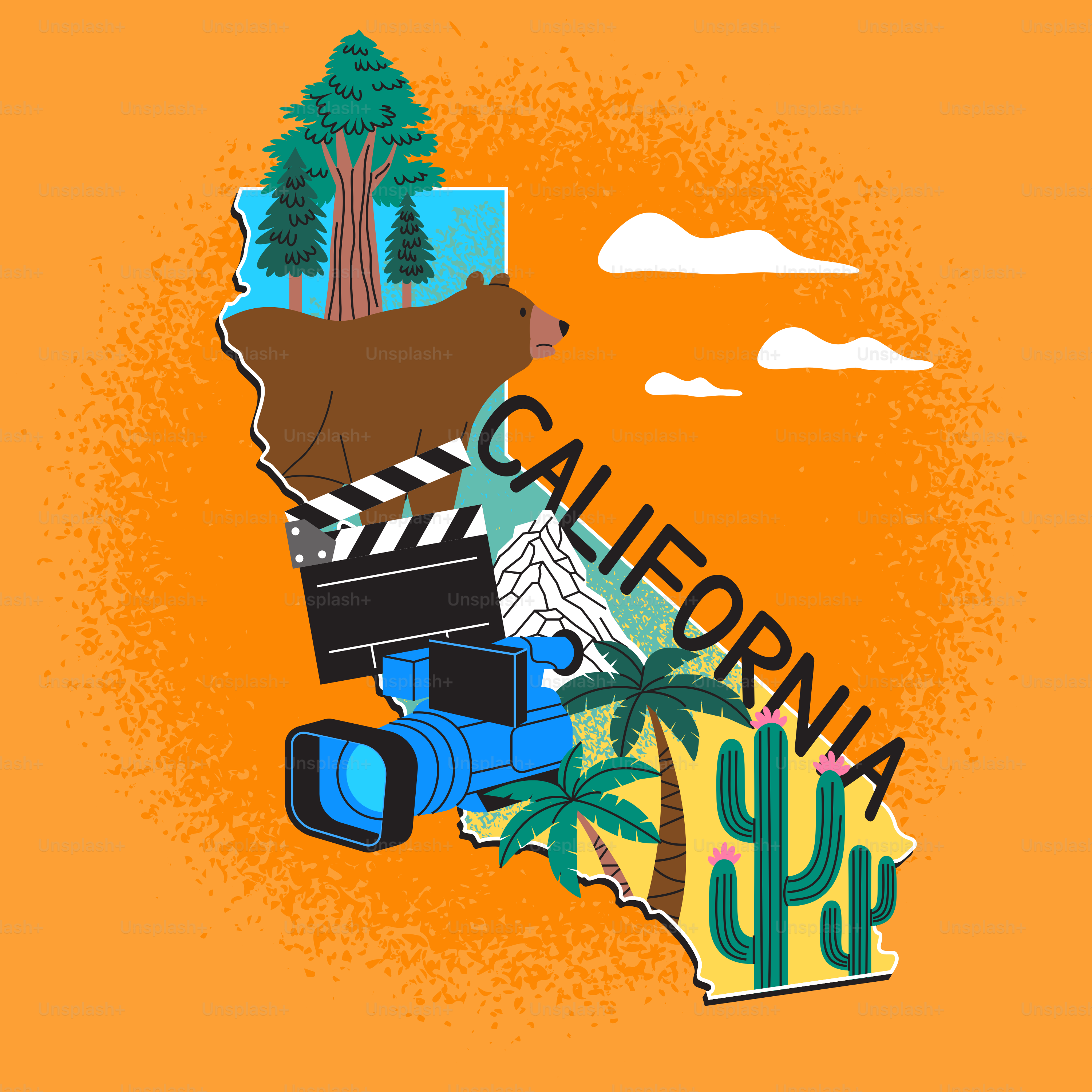 California outline with iconic symbols and text