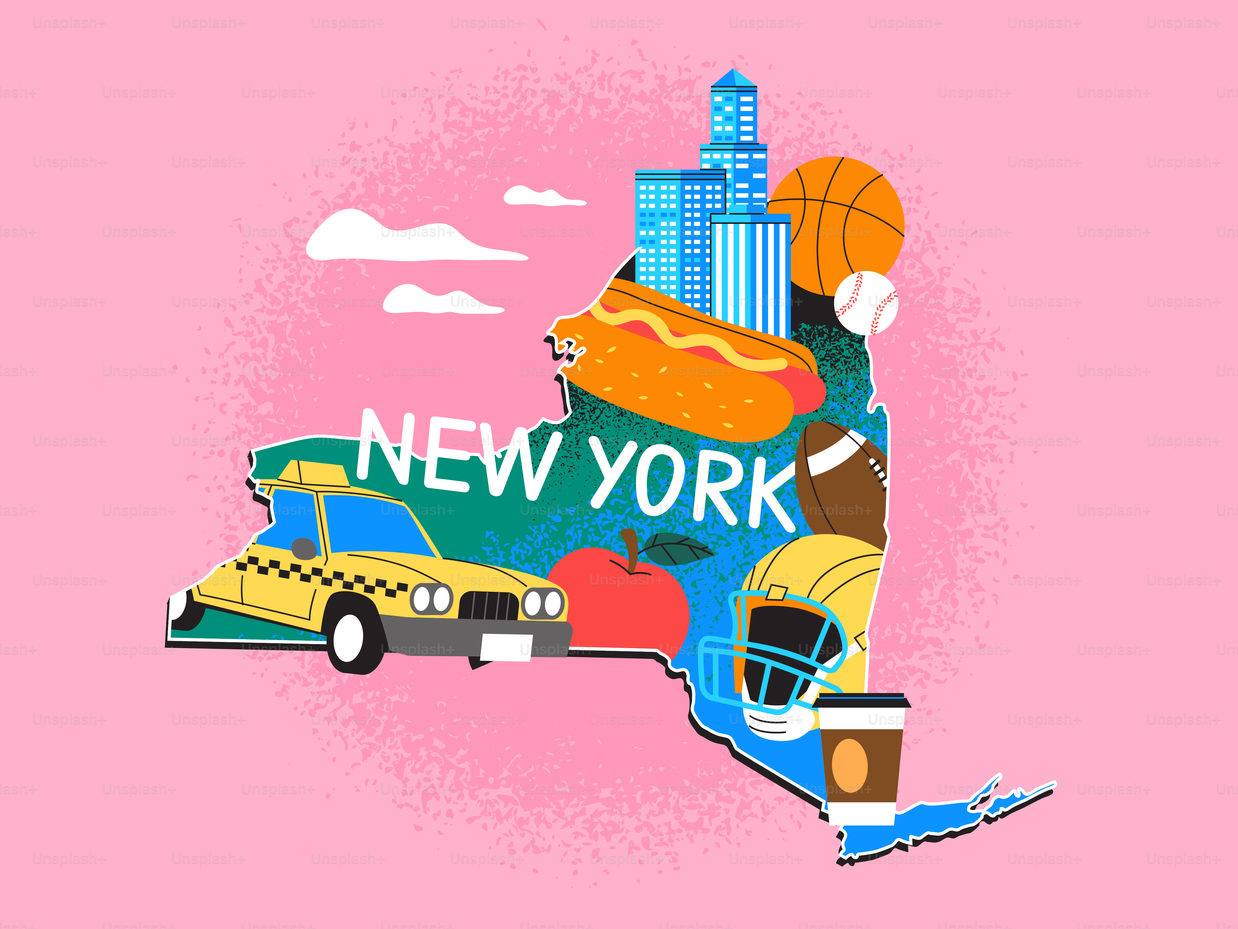 New york state map with iconic symbols and landmarks.