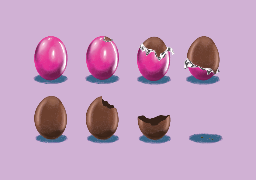 Steps showing a chocolate egg being unwrapped and eaten