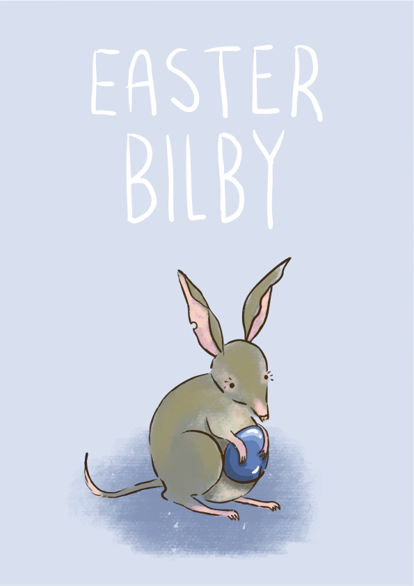 Easter bilby holding a blue egg