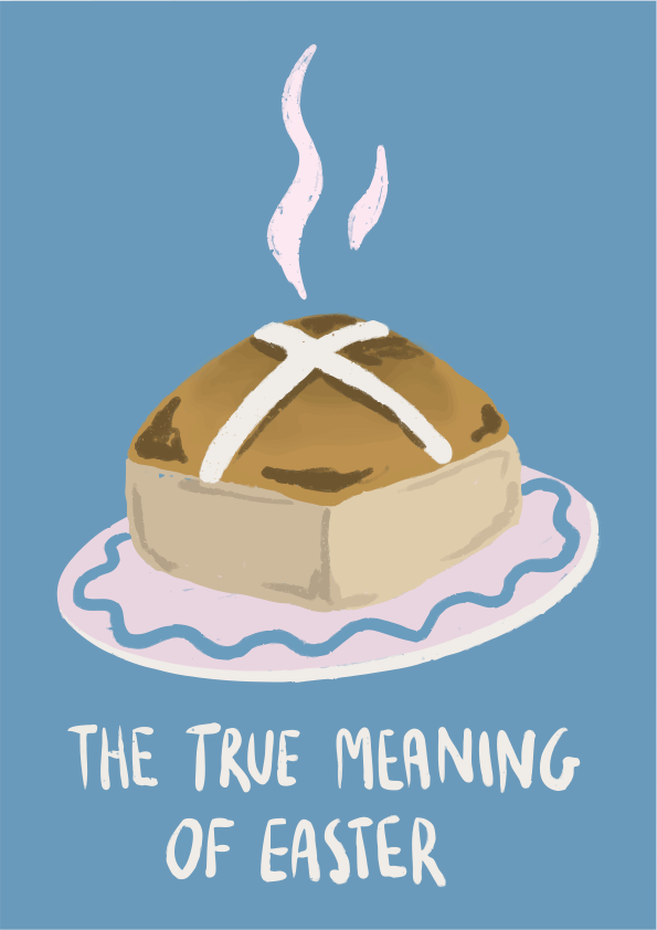 A hot cross bun on a plate with text